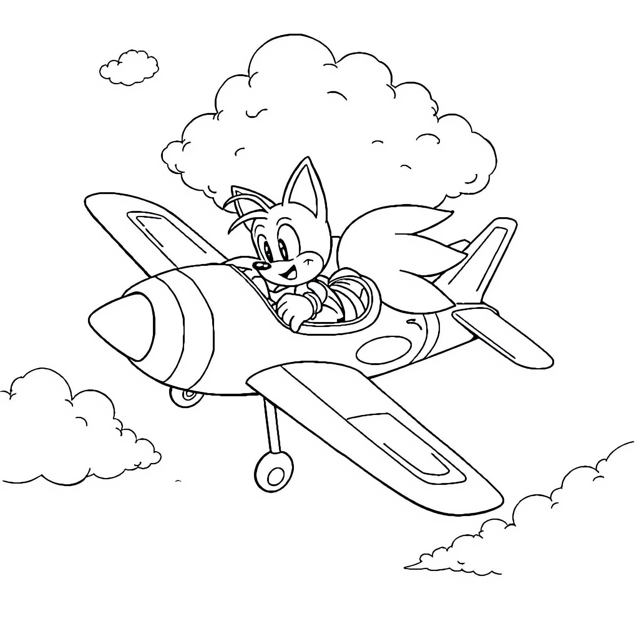 Sonic's high-flying aircraft adventure Coloring Page (free black-and-white line drawing printable PDF for all, from beginners to advanced learners, including children, teens, adults, and seniors)