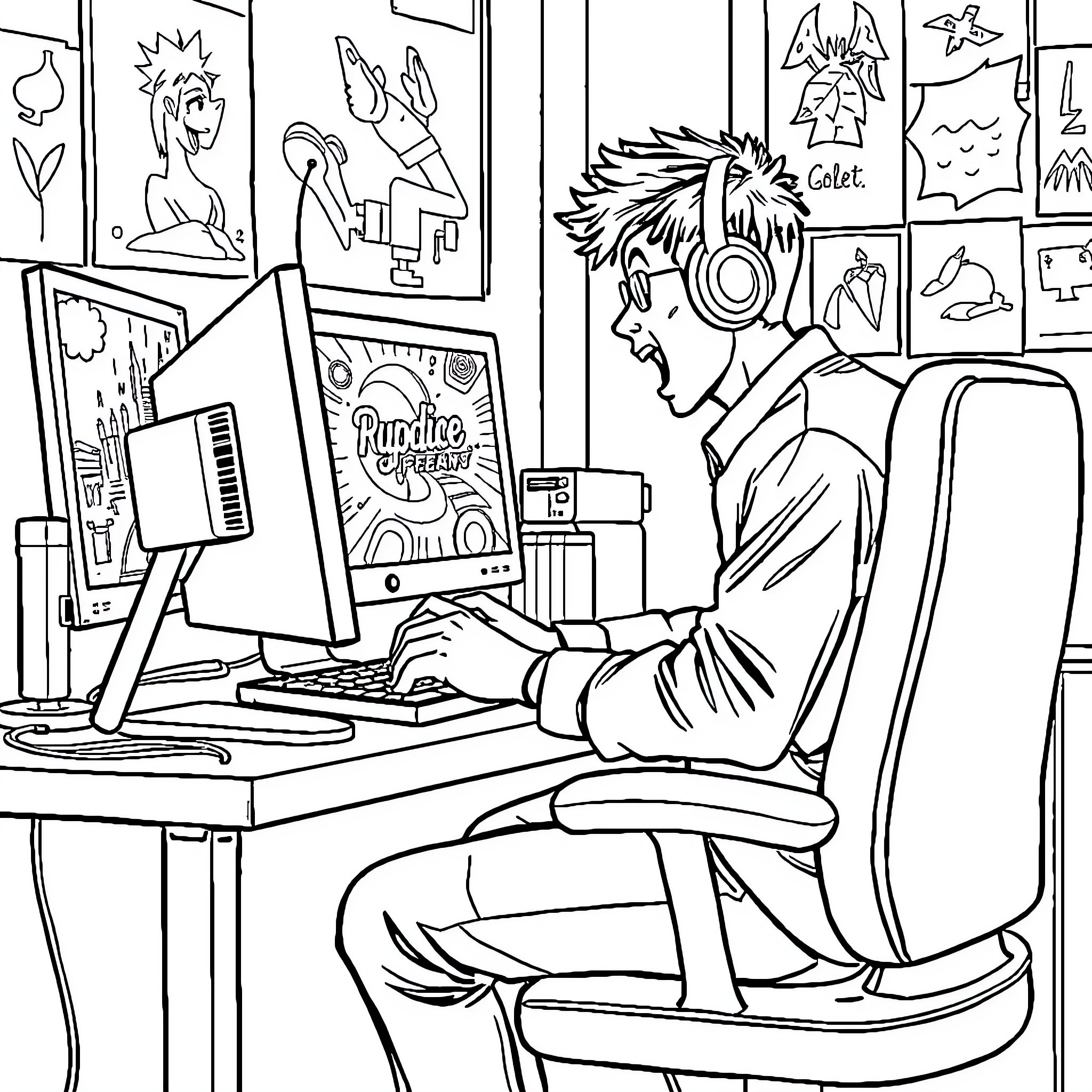 Game of Gamer in Vibrant Gaming Setup Coloring Page (free black-and-white line drawing printable PDF for all, from beginners to advanced learners, including children, teens, adults, and seniors)