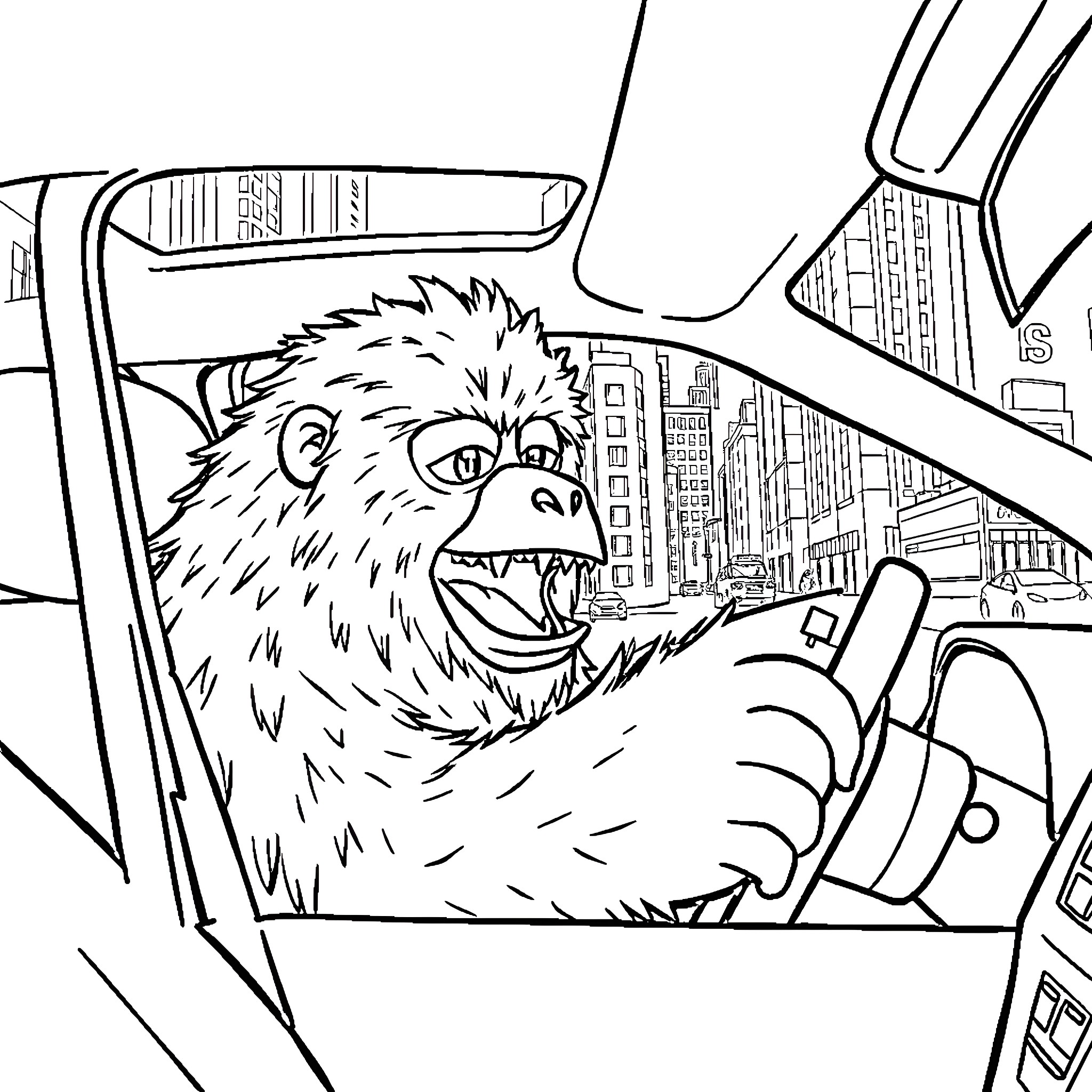 Yeti Enjoying a Joy Ride in the City Coloring Page (free black-and-white line drawing printable PDF for all, from beginners to advanced learners, including children, teens, adults, and seniors)