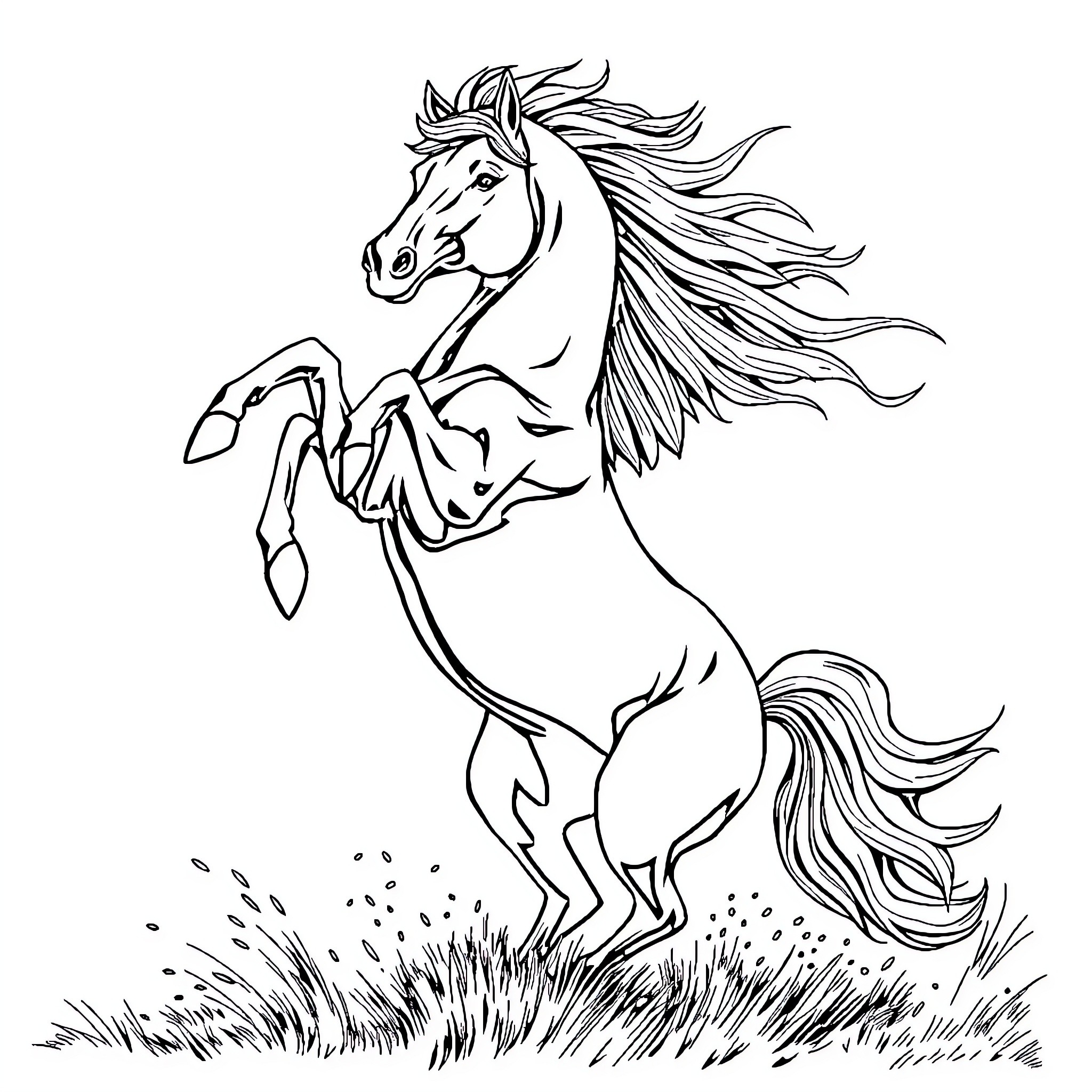 Mustang leaping energetically in the meadow Coloring Page (free black-and-white line drawing printable PDF for all, from beginners to advanced learners, including children, teens, adults, and seniors)