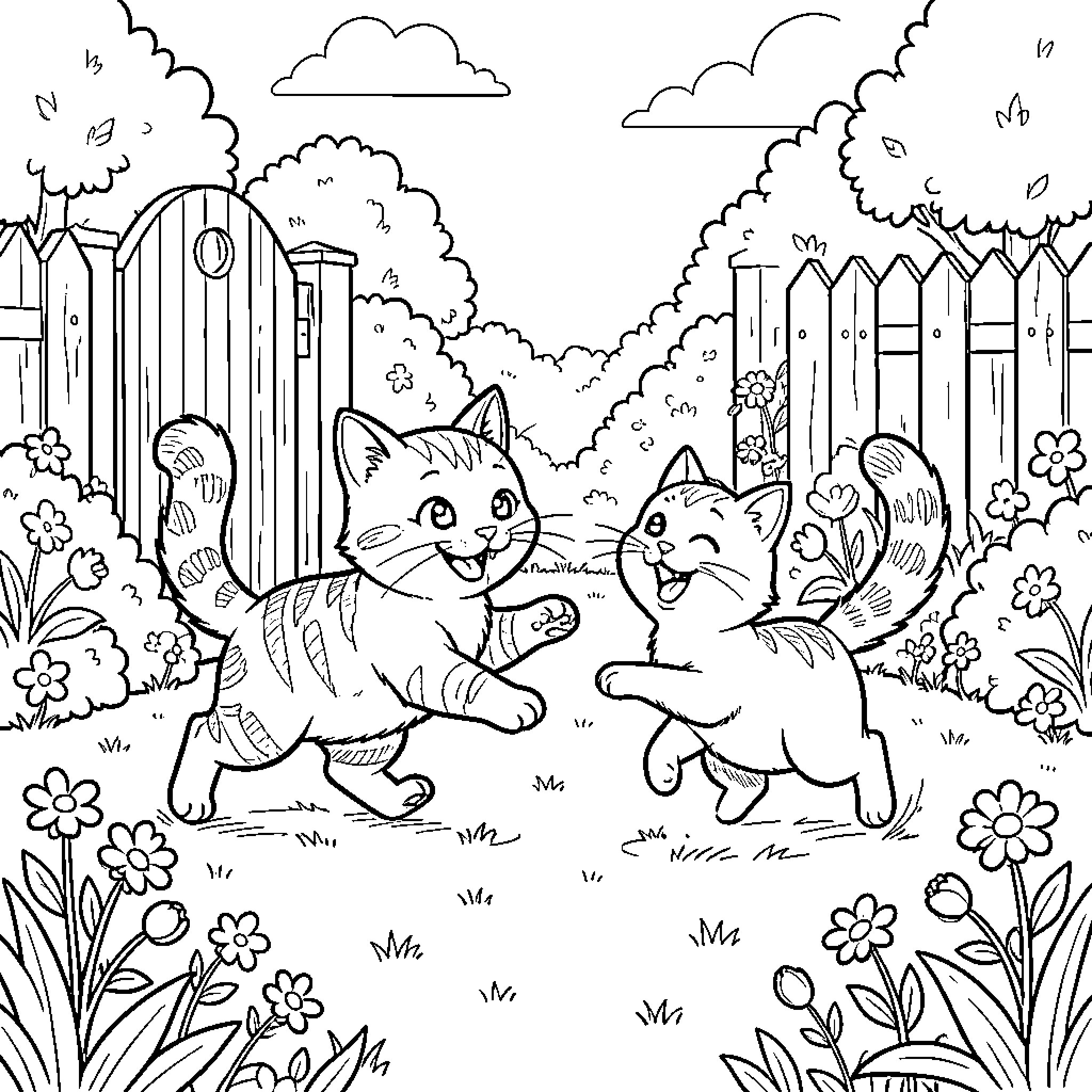 Cats playing happily in the garden Coloring Page (free black-and-white line drawing printable PDF for all, from beginners to advanced learners, including children, teens, adults, and seniors)