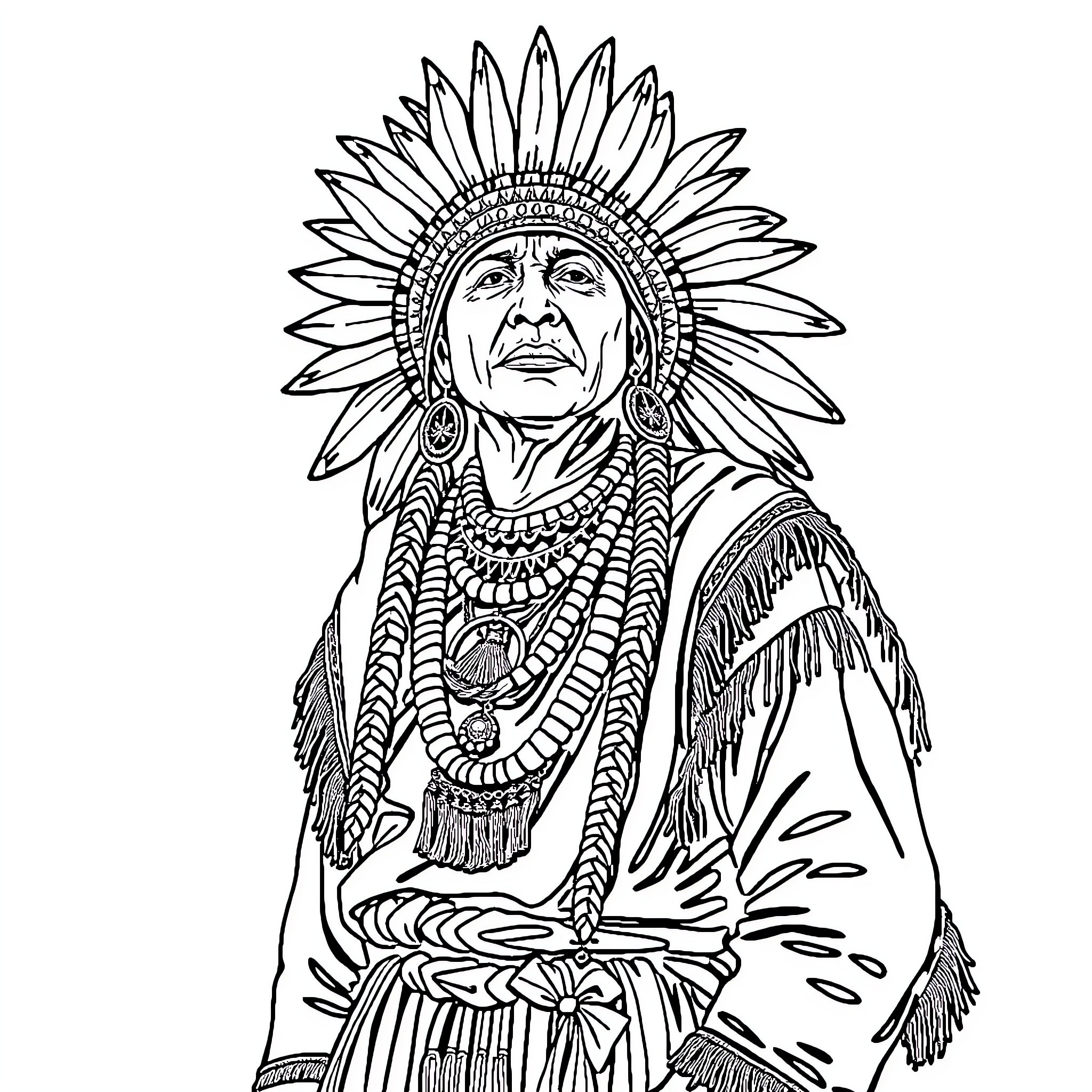 Indio Chief in Ceremonial Headdress and Garb Coloring Page (free black-and-white line drawing printable PDF for all, from beginners to advanced learners, including children, teens, adults, and seniors)