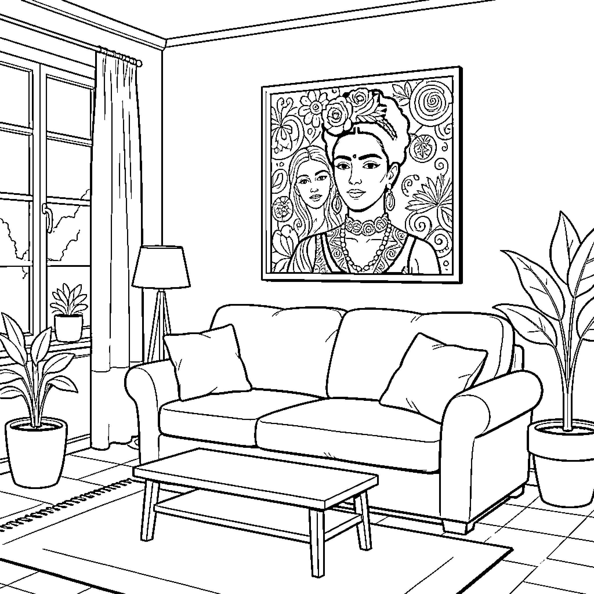 Sofa and artwork in cozy living room Coloring Page (free black-and-white line drawing printable PDF for all, from beginners to advanced learners, including children, teens, adults, and seniors)