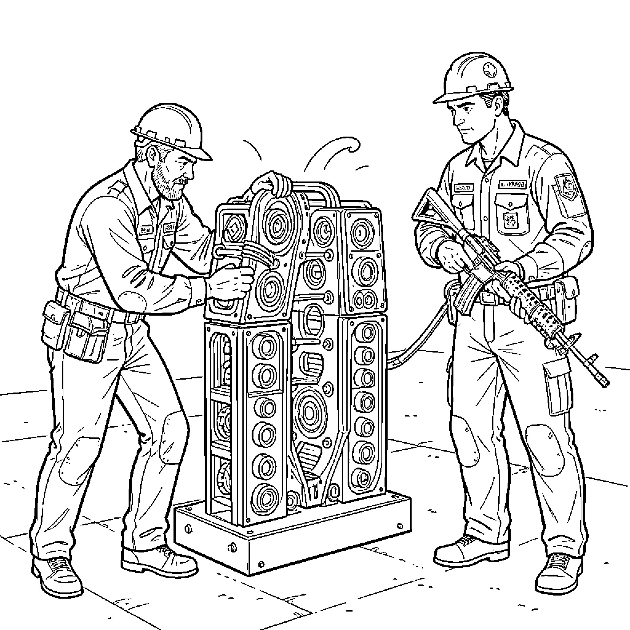 Workman assembling a large mechanical engine component Coloring Page (free black-and-white line drawing printable PDF for all, from beginners to advanced learners, including children, teens, adults, and seniors)