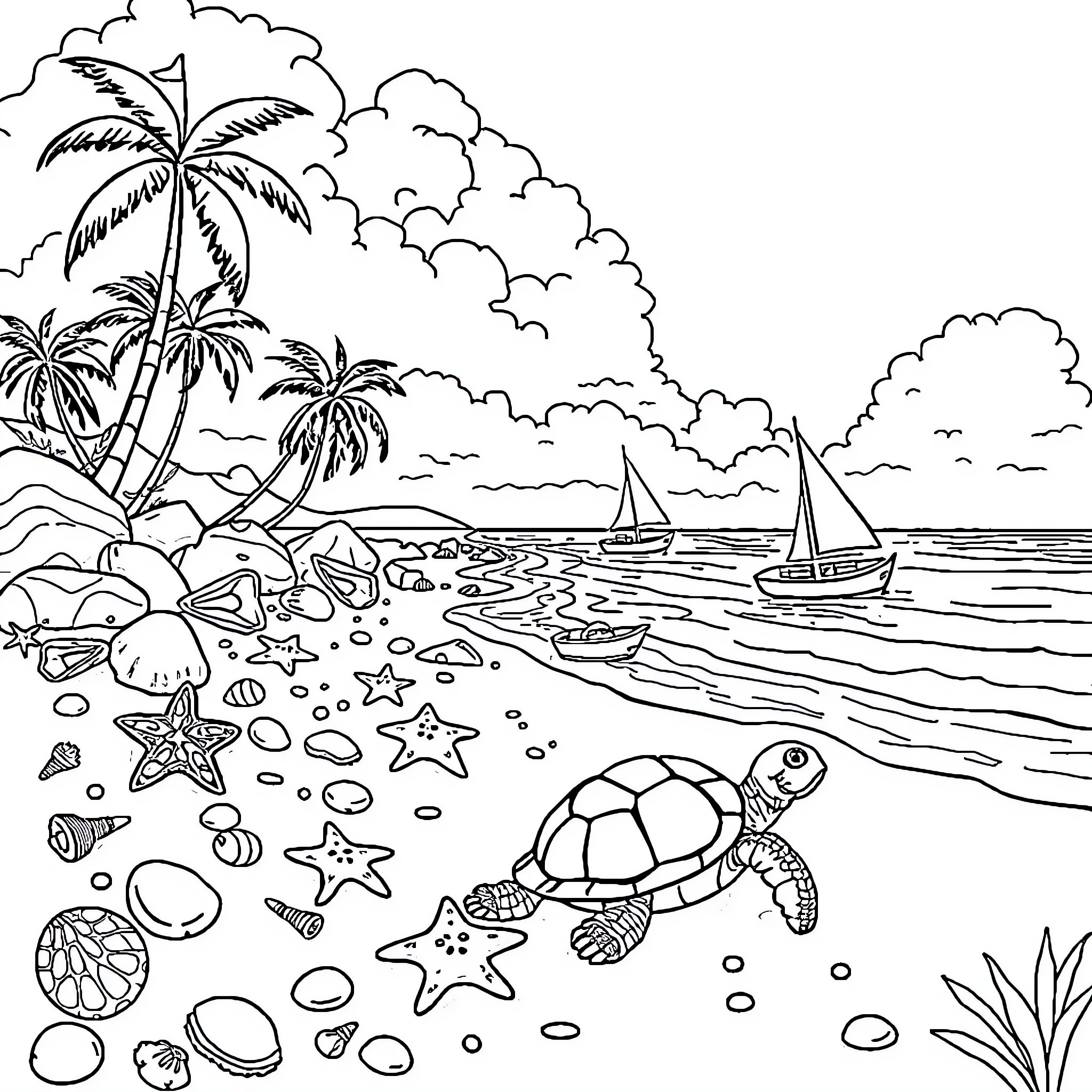 Beach scene with tropical palm trees and sailboats Coloring Page (free black-and-white line drawing printable PDF for all, from beginners to advanced learners, including children, teens, adults, and seniors)