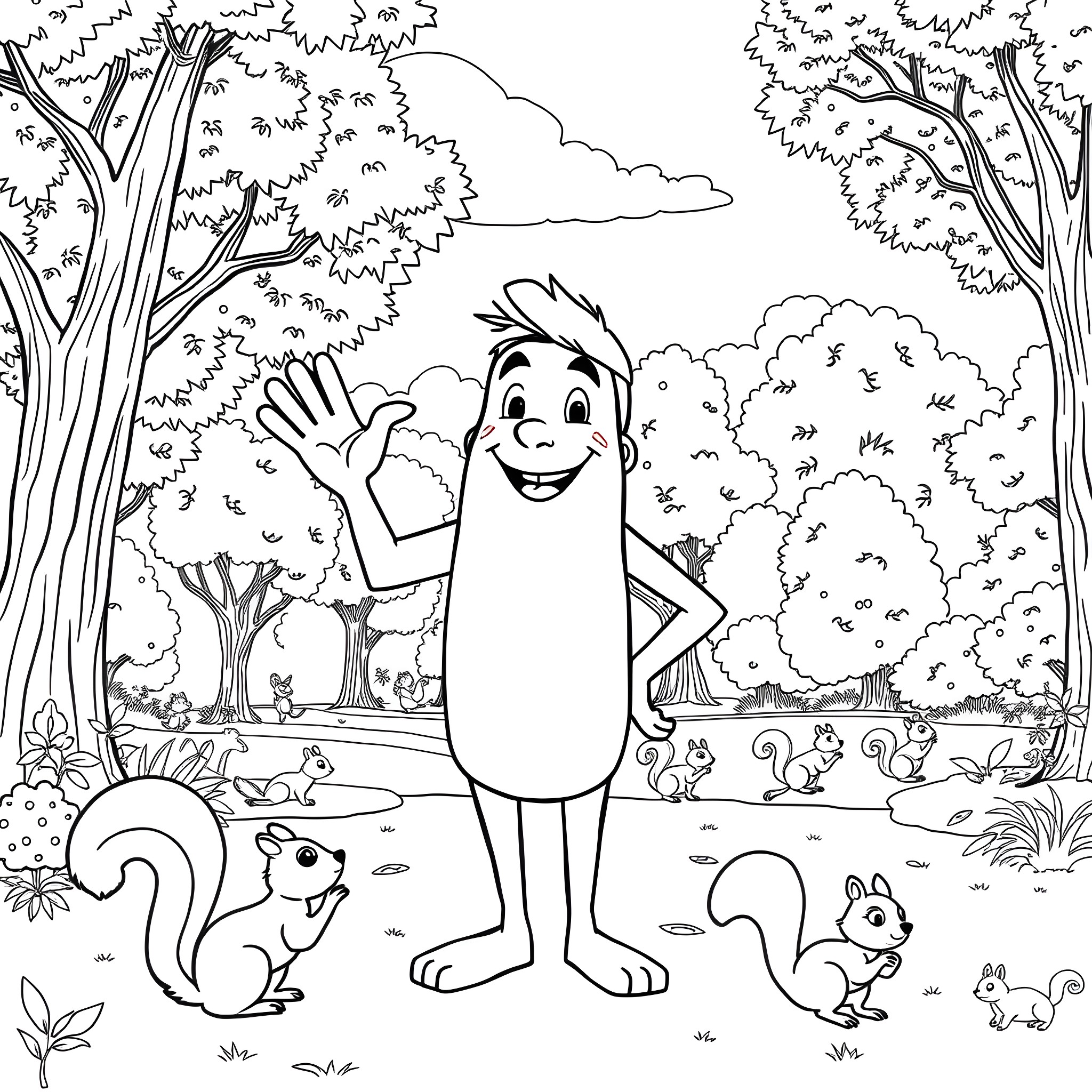 Jonah waving in a whimsical forest setting Coloring Page (free black-and-white line drawing printable PDF for all, from beginners to advanced learners, including children, teens, adults, and seniors)