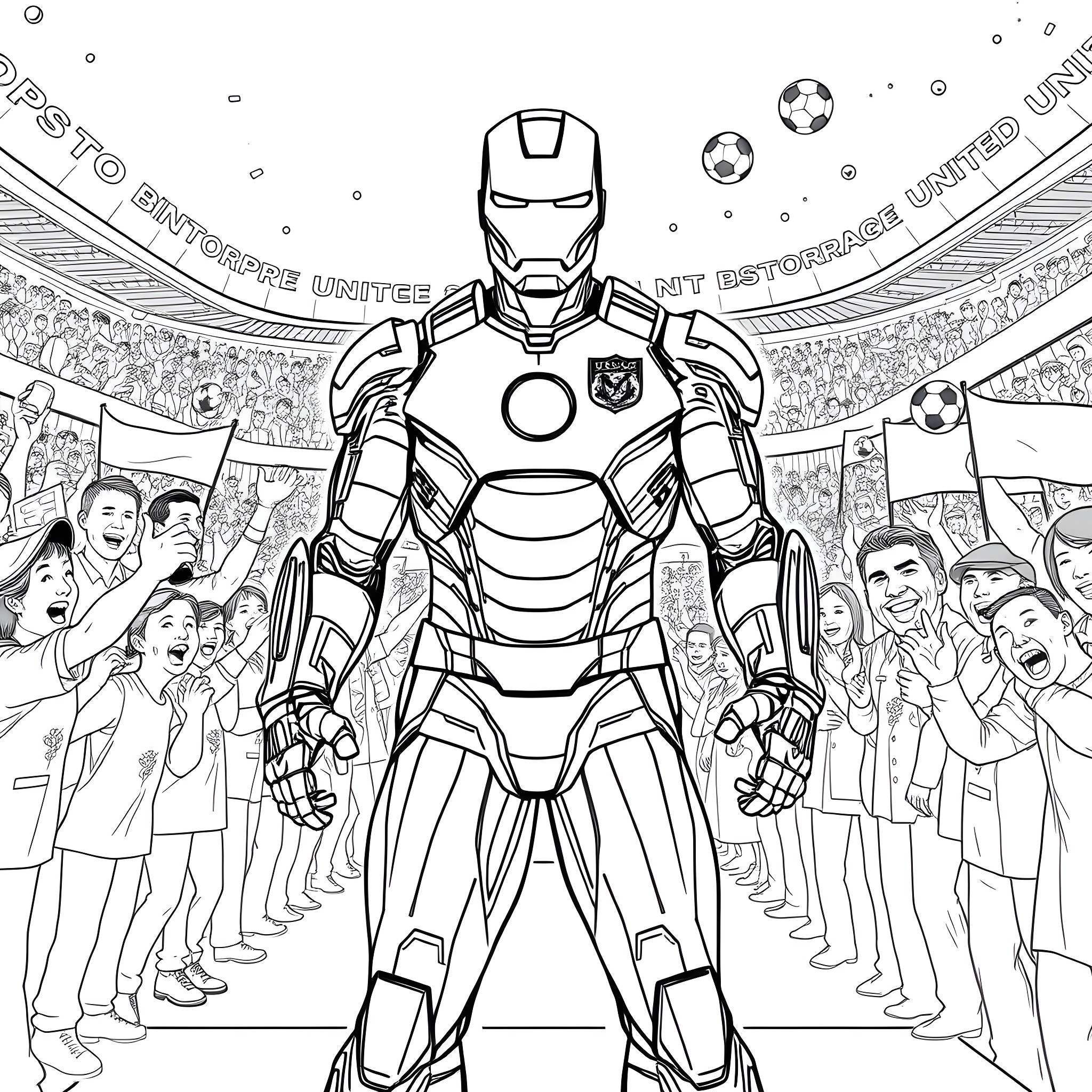 Iron Man Heroically Stands Before Adoring Crowd Coloring Page (free black-and-white line drawing printable PDF for all, from beginners to advanced learners, including children, teens, adults, and seniors)