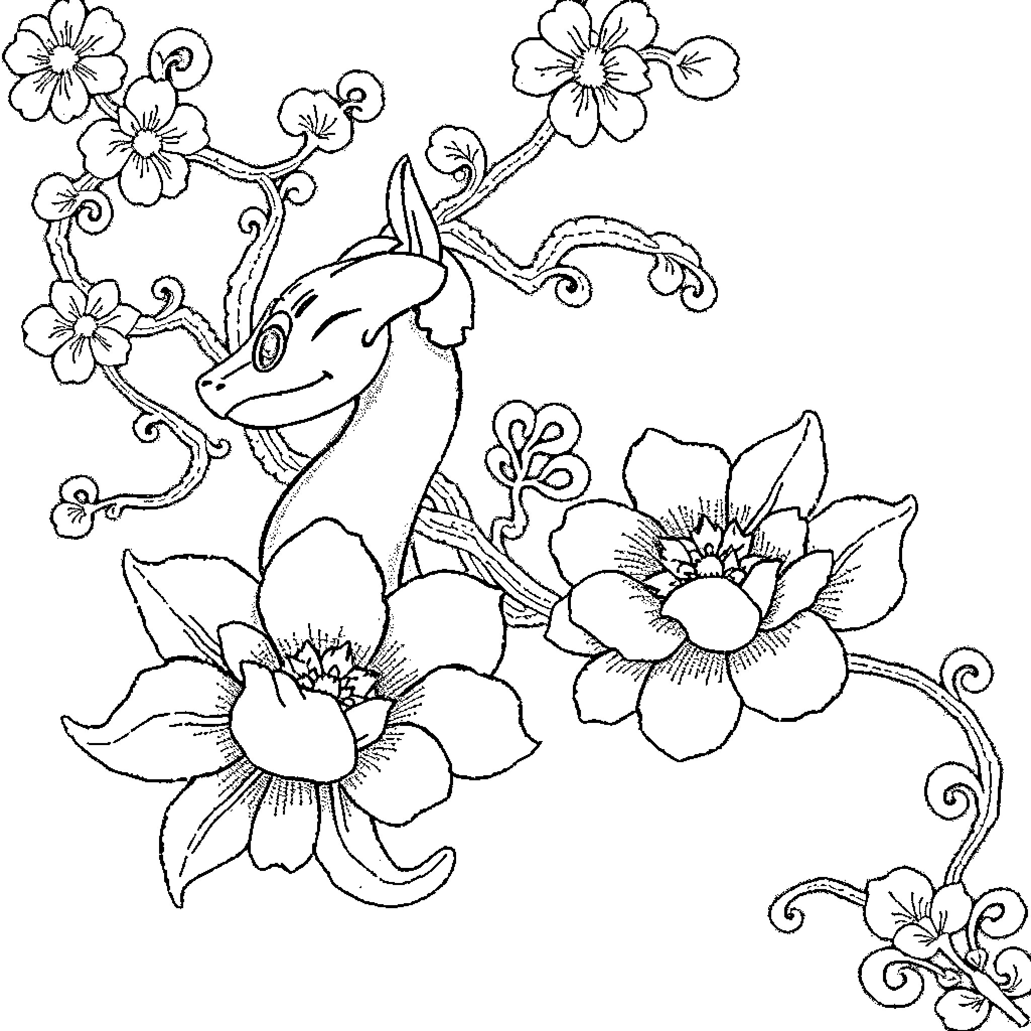 Stitch among floral illustrations Coloring Page (free black-and-white line drawing printable PDF for all, from beginners to advanced learners, including children, teens, adults, and seniors)