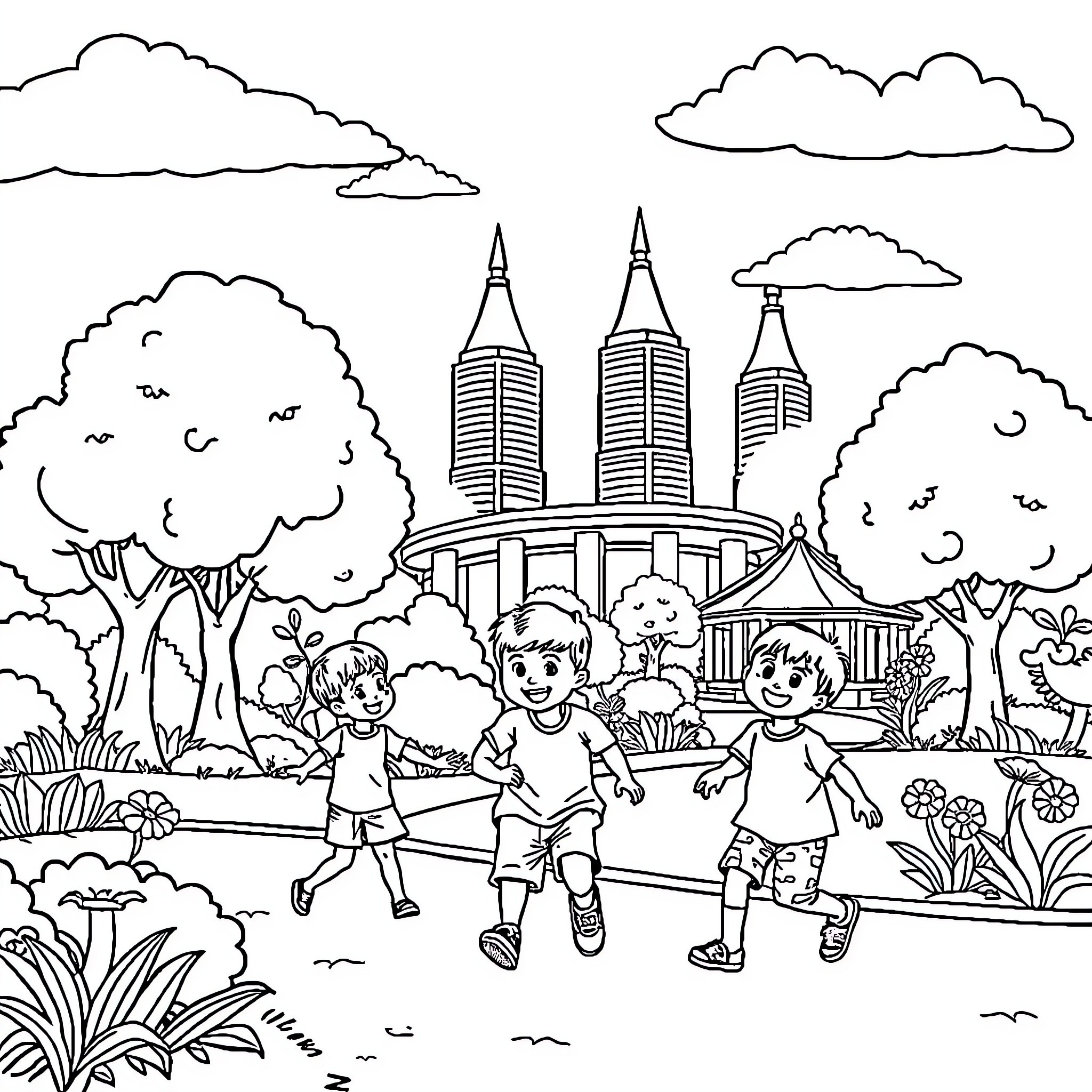 Kid Playing in a Scenic Park near Tall Buildings Coloring Page (free black-and-white line drawing printable PDF for all, from beginners to advanced learners, including children, teens, adults, and seniors)