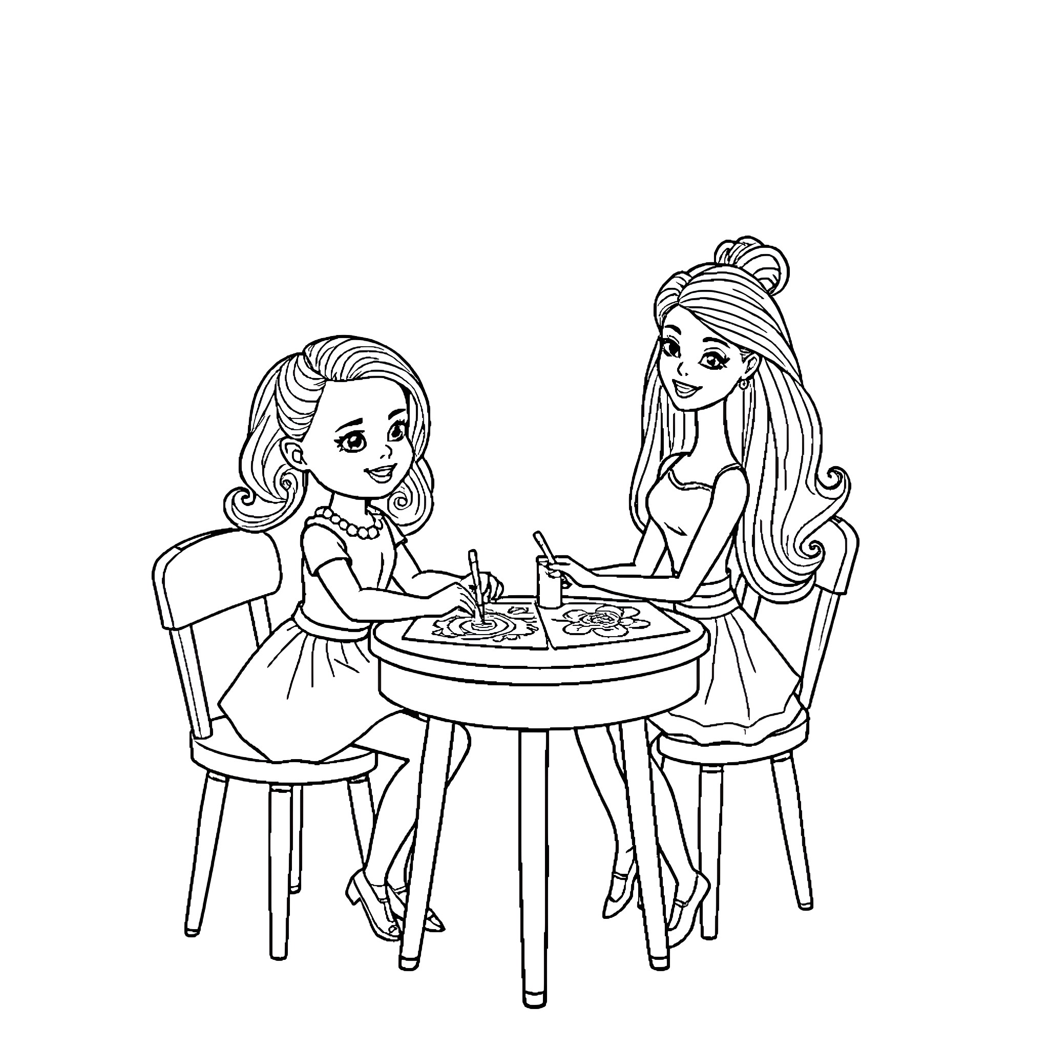Doll friends having tea party together Coloring Page (free black-and-white line drawing printable PDF for all, from beginners to advanced learners, including children, teens, adults, and seniors)