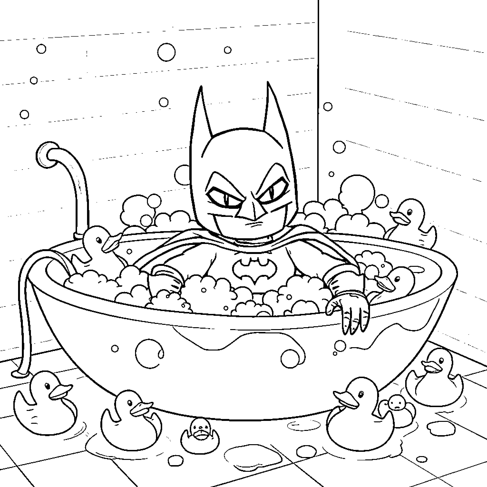 Bathman enjoying a bubble bath with rubber duckies Coloring Page (free black-and-white line drawing printable PDF for all, from beginners to advanced learners, including children, teens, adults, and seniors)