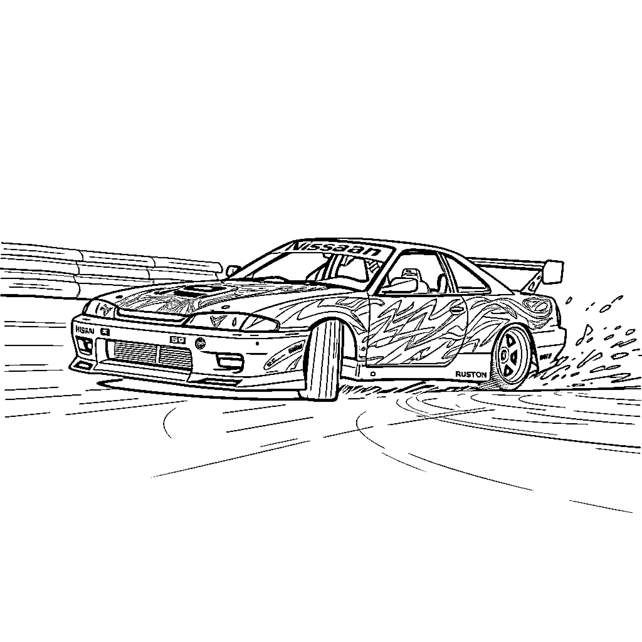 Nissan racing car in high-speed action Coloring Page (free black-and-white line drawing printable PDF for all, from beginners to advanced learners, including children, teens, adults, and seniors)