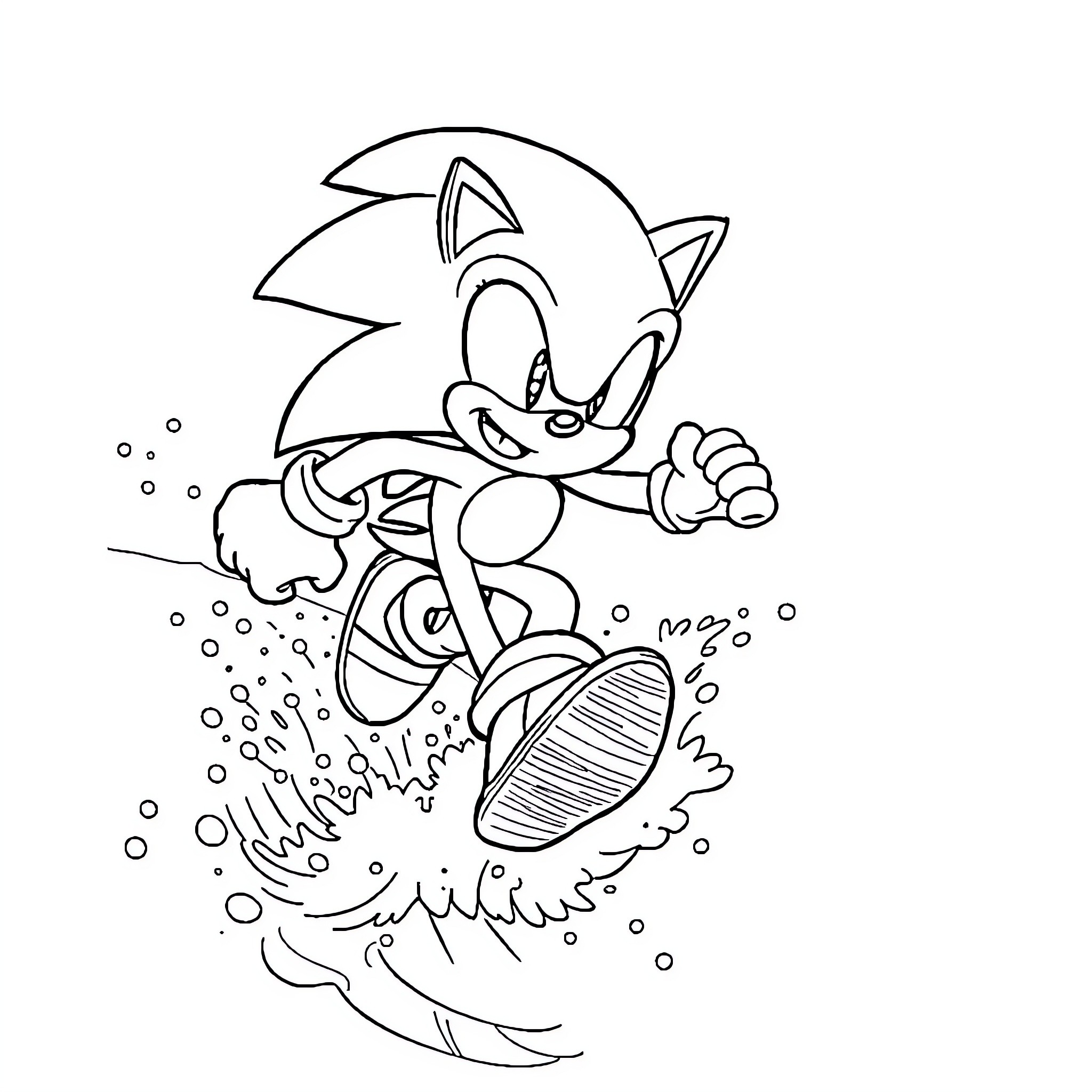 Sonic racing through a watery environment Coloring Page (free black-and-white line drawing printable PDF for all, from beginners to advanced learners, including children, teens, adults, and seniors)