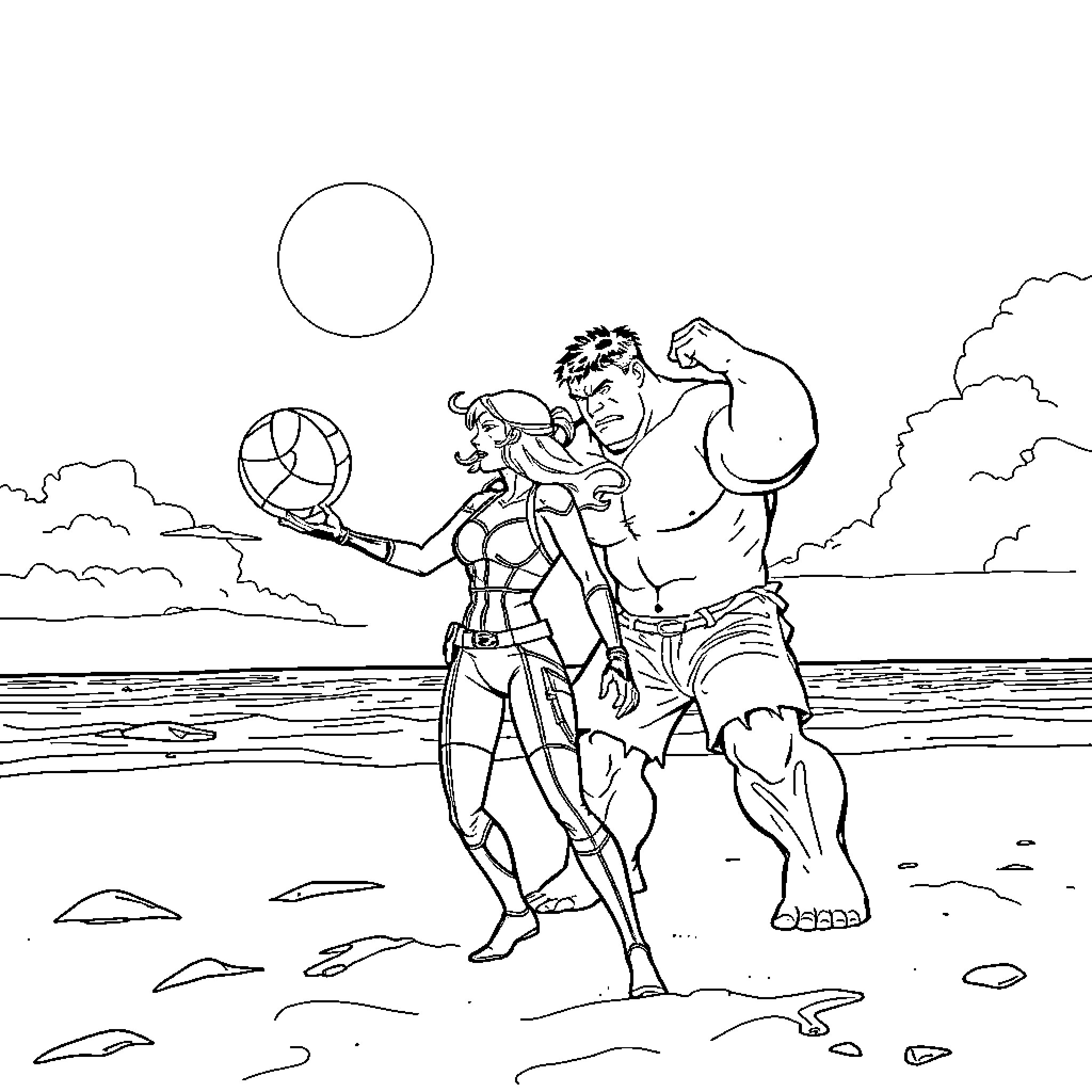 Black Widow's heroic mission with the Hulk Coloring Page (free black-and-white line drawing printable PDF for all, from beginners to advanced learners, including children, teens, adults, and seniors)