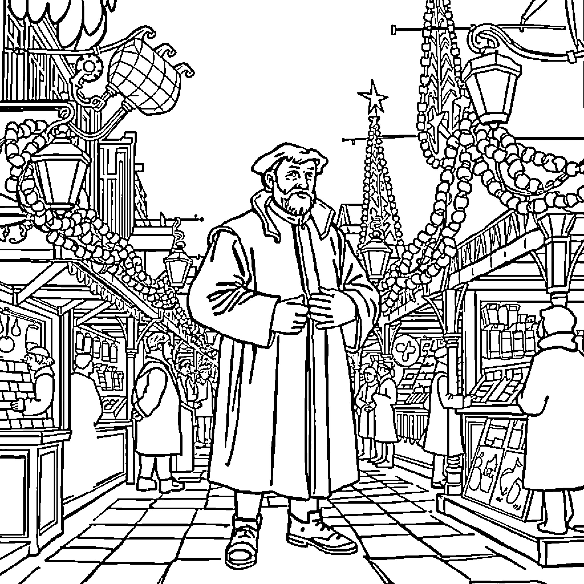 Martin Luther in an Illustrative Street Scene Coloring Page (free black-and-white line drawing printable PDF for all, from beginners to advanced learners, including children, teens, adults, and seniors)