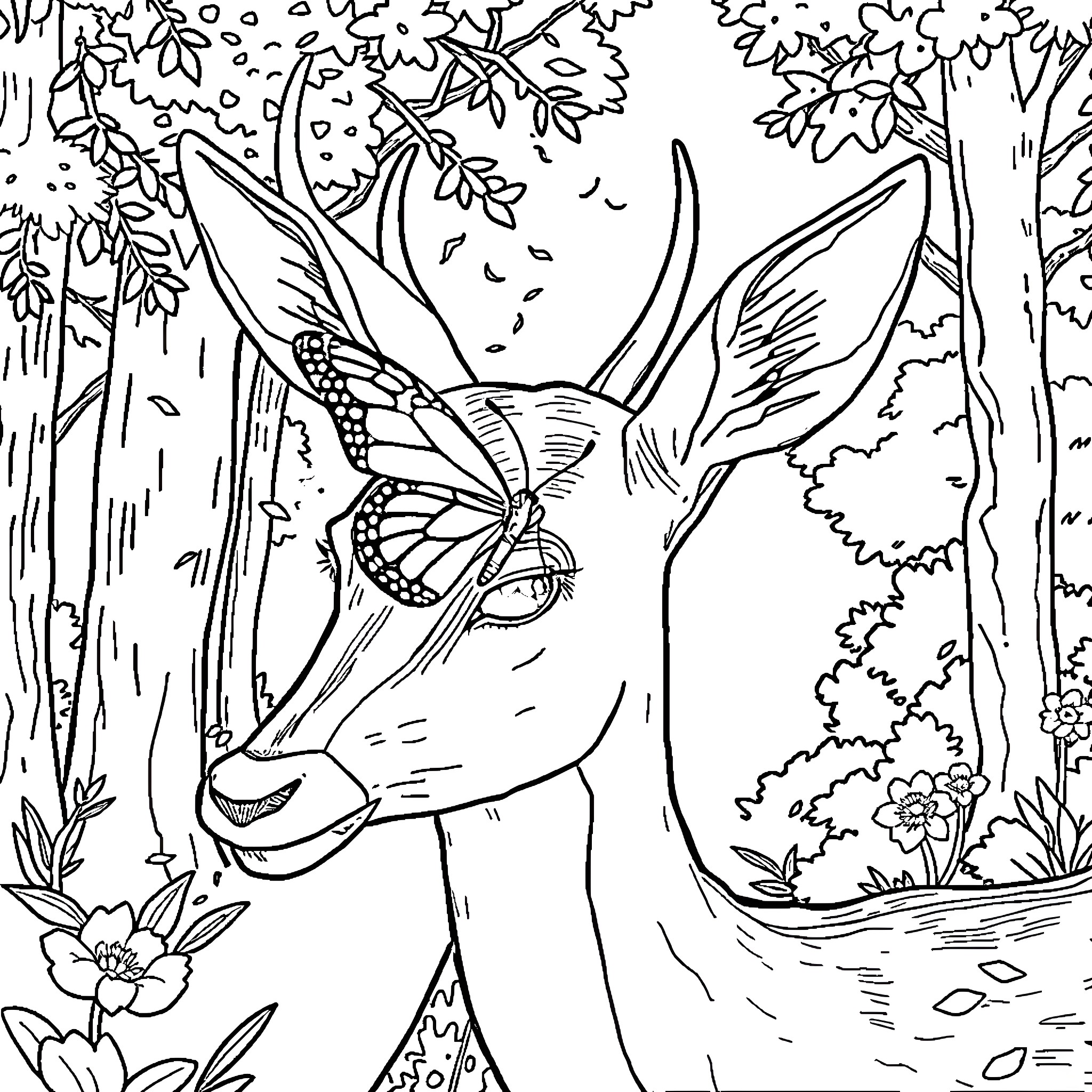 Butterfly Deer in Enchanted Forest Coloring Page (free black-and-white line drawing printable PDF for all, from beginners to advanced learners, including children, teens, adults, and seniors)