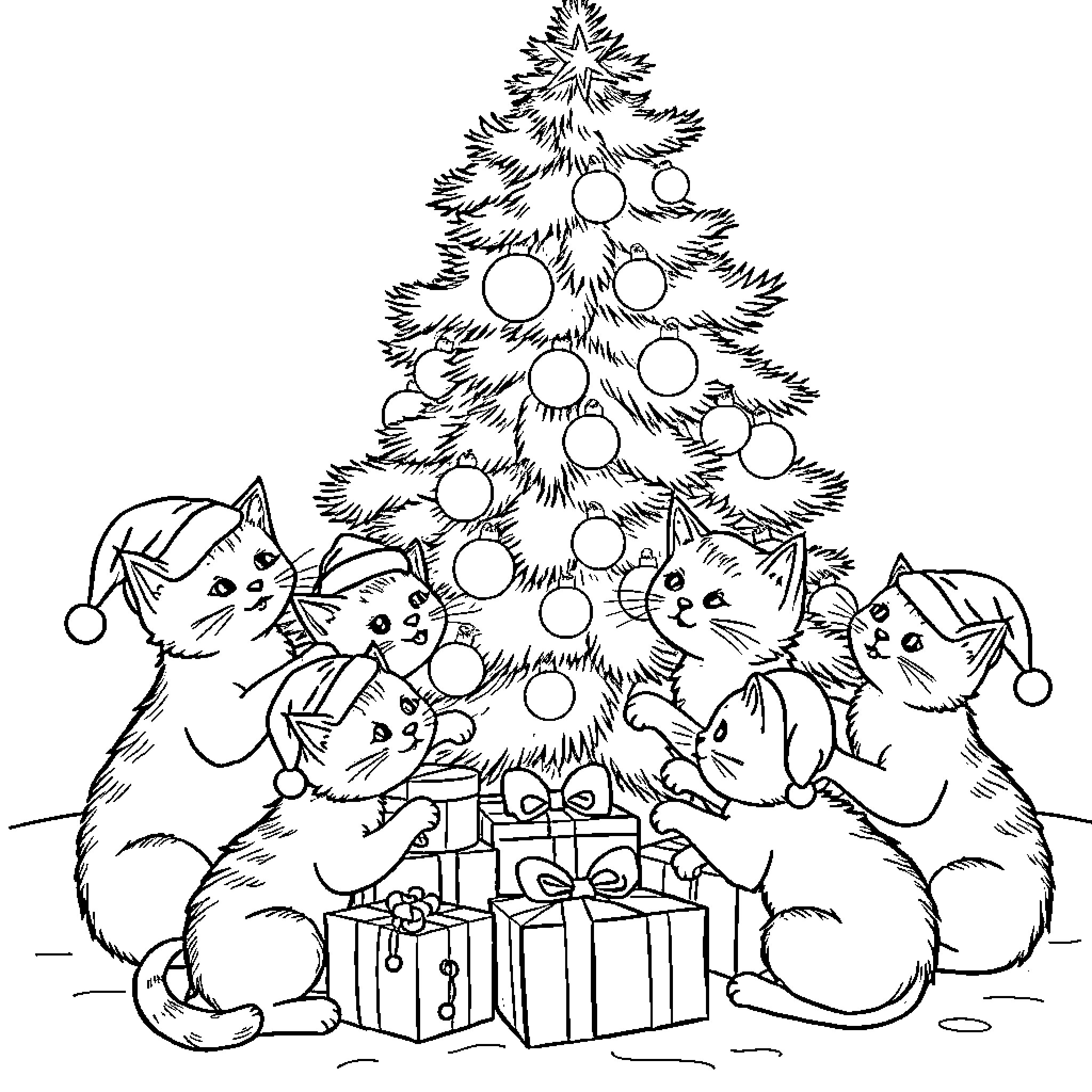 Cats admiring decorated Christmas tree with gifts Coloring Page (free black-and-white line drawing printable PDF for all, from beginners to advanced learners, including children, teens, adults, and seniors)