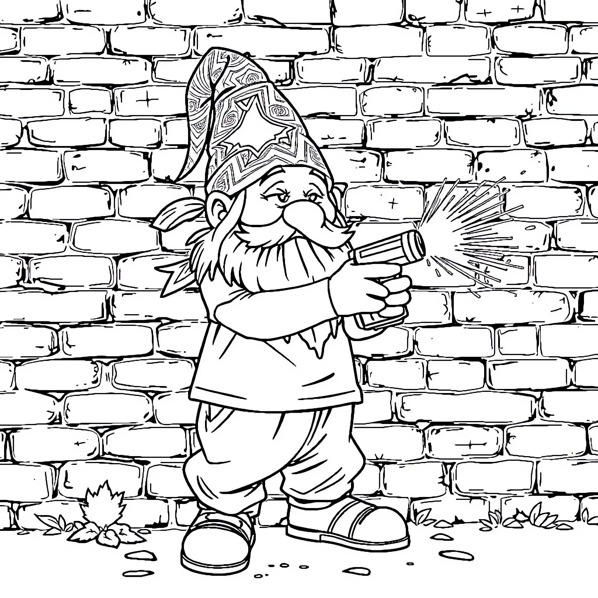 Lawn Gnome Wielding Gardening Tool in Front of Brick Wall Coloring Page (free black-and-white line drawing printable PDF for all, from beginners to advanced learners, including children, teens, adults, and seniors)