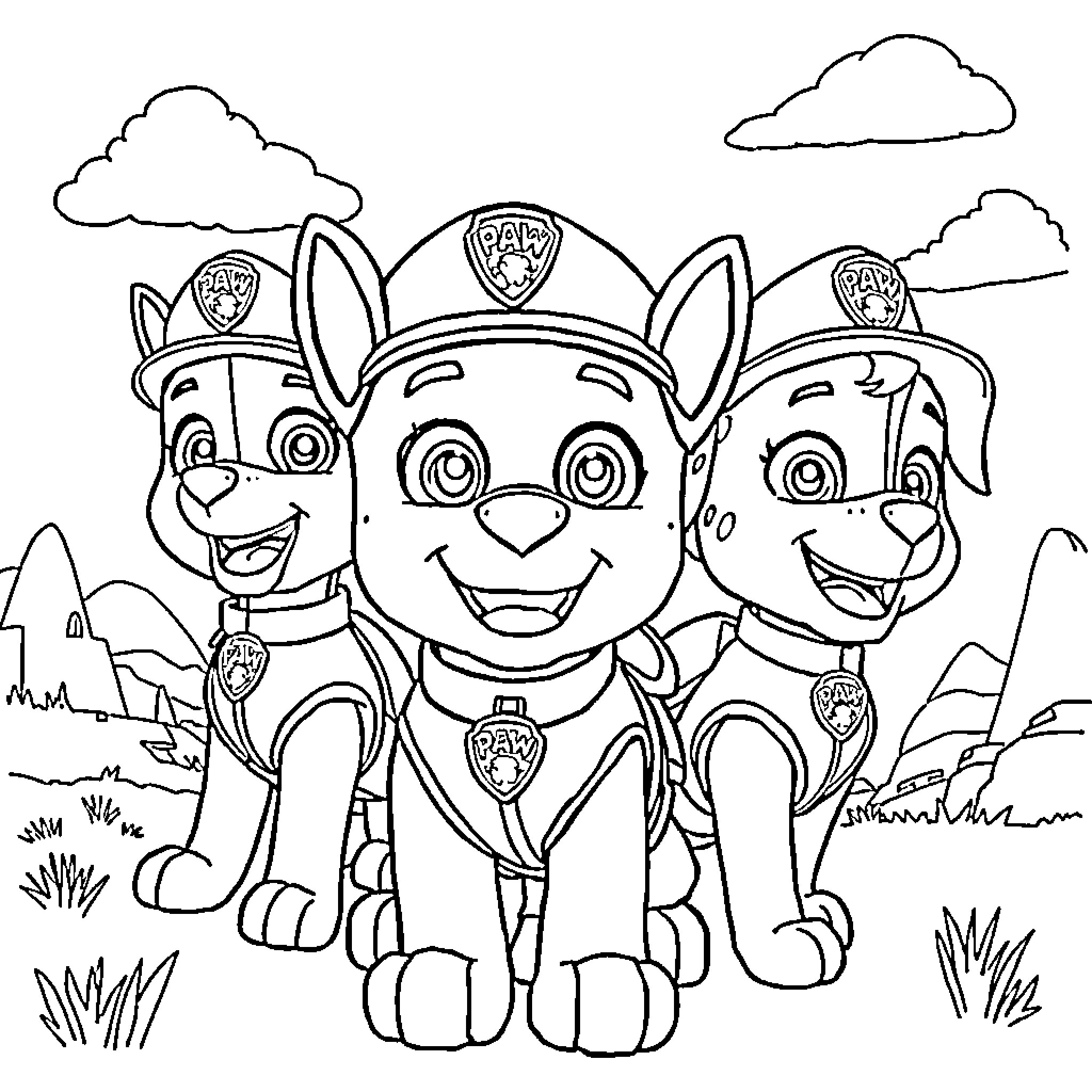 Paw Patrol Pups Smiling and Posing in an Outdoor Scene Coloring Page (free black-and-white line drawing printable PDF for all, from beginners to advanced learners, including children, teens, adults, and seniors)