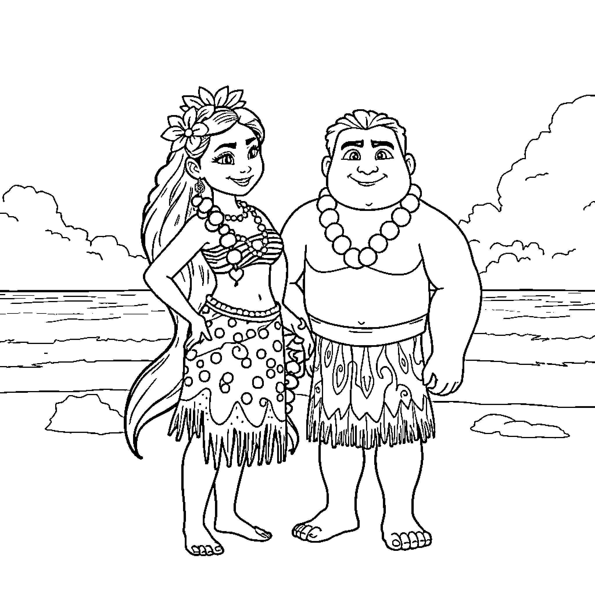 Vaiana and Maui enjoying the beach scenery Coloring Page (free black-and-white line drawing printable PDF for all, from beginners to advanced learners, including children, teens, adults, and seniors)