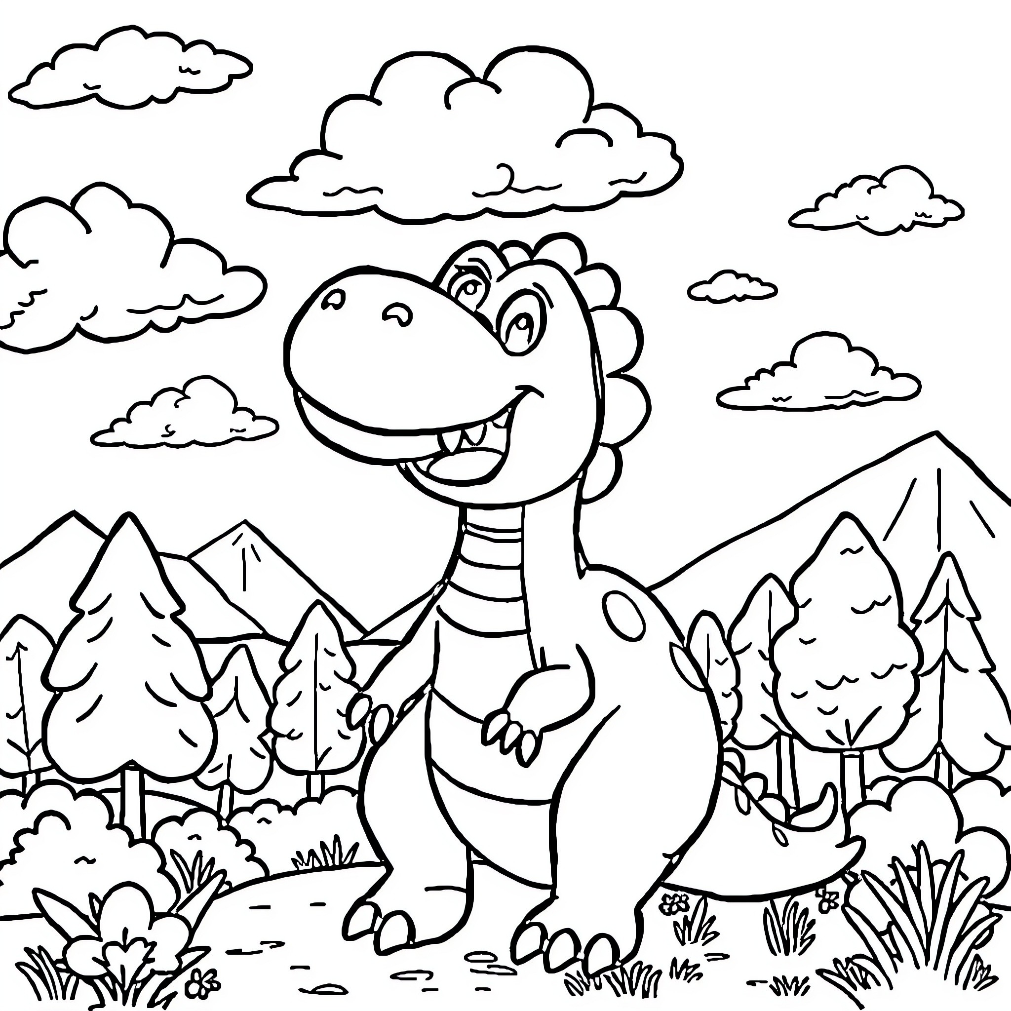 Dinosaur enjoying nature in a forested landscape Coloring Page (free black-and-white line drawing printable PDF for all, from beginners to advanced learners, including children, teens, adults, and seniors)