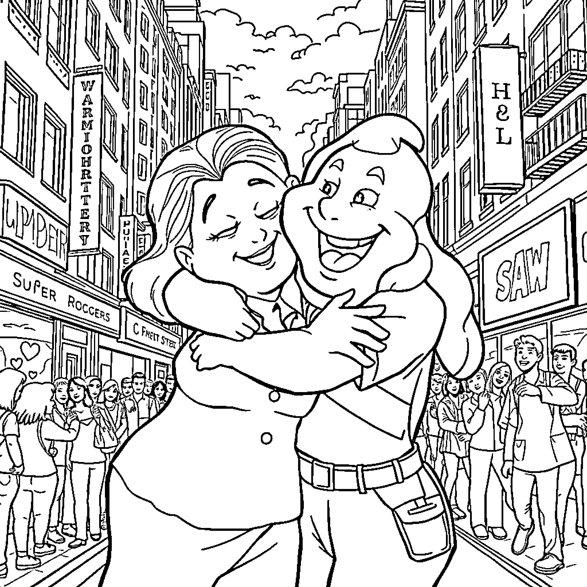 Slimer's joyful embrace in a bustling city street Coloring Page (free black-and-white line drawing printable PDF for all, from beginners to advanced learners, including children, teens, adults, and seniors)