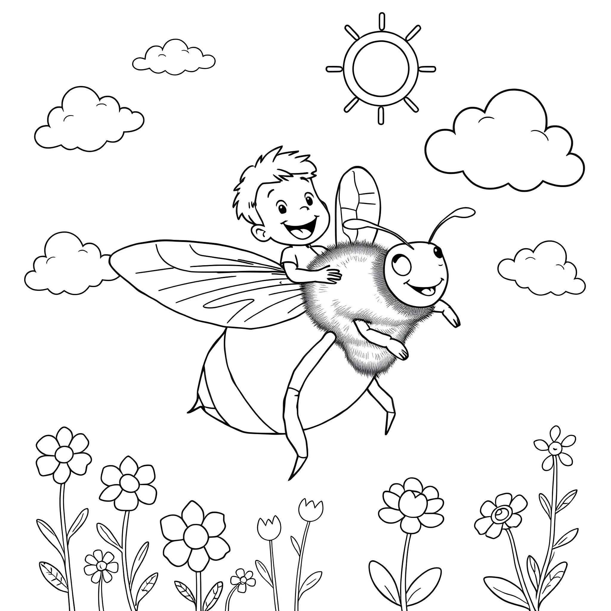 Pee Wee Herman flies happily with a giant bee Coloring Page (free black-and-white line drawing printable PDF for all, from beginners to advanced learners, including children, teens, adults, and seniors)