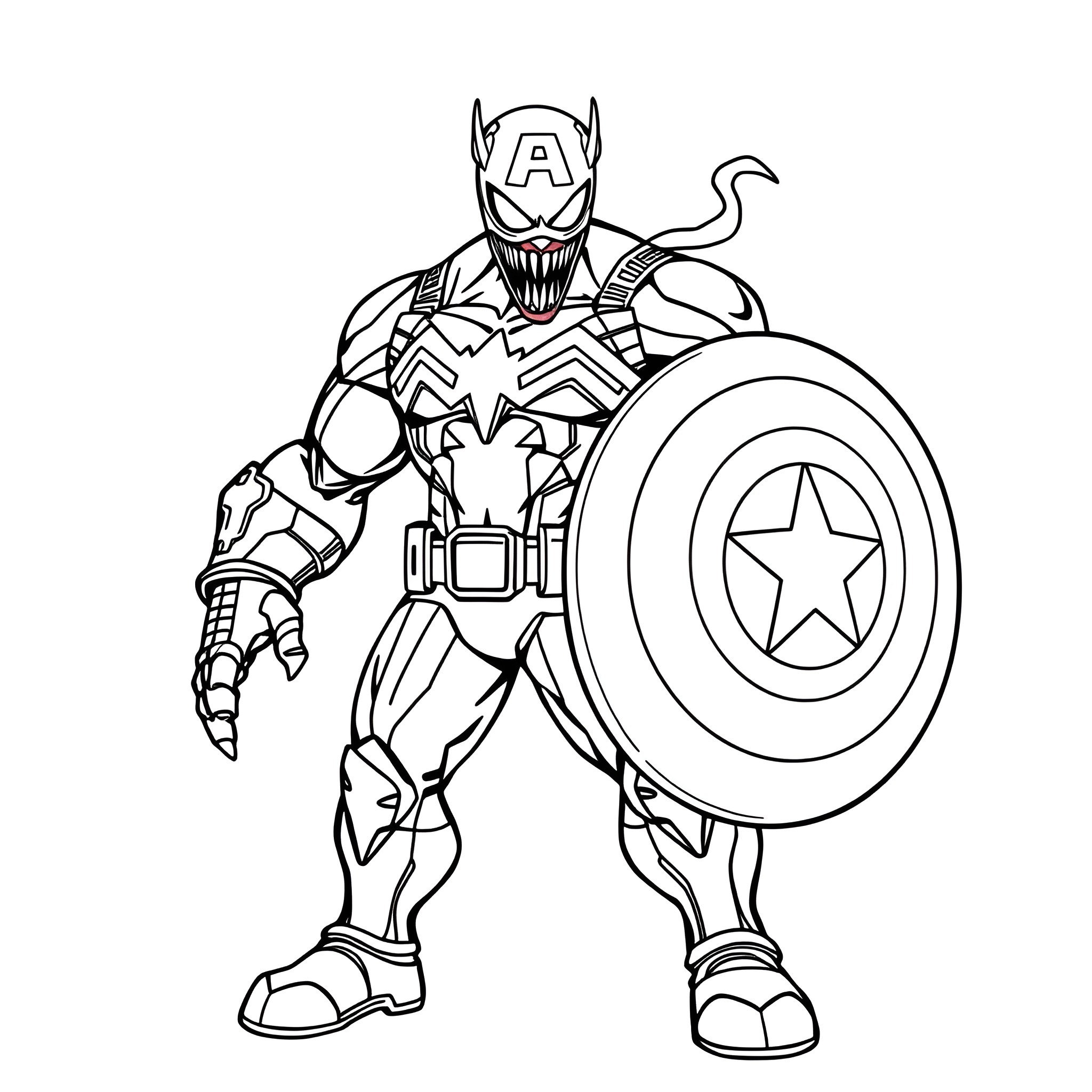 Captain Venom battles heroically with shield and weapon Coloring Page (free black-and-white line drawing printable PDF for all, from beginners to advanced learners, including children, teens, adults, and seniors)