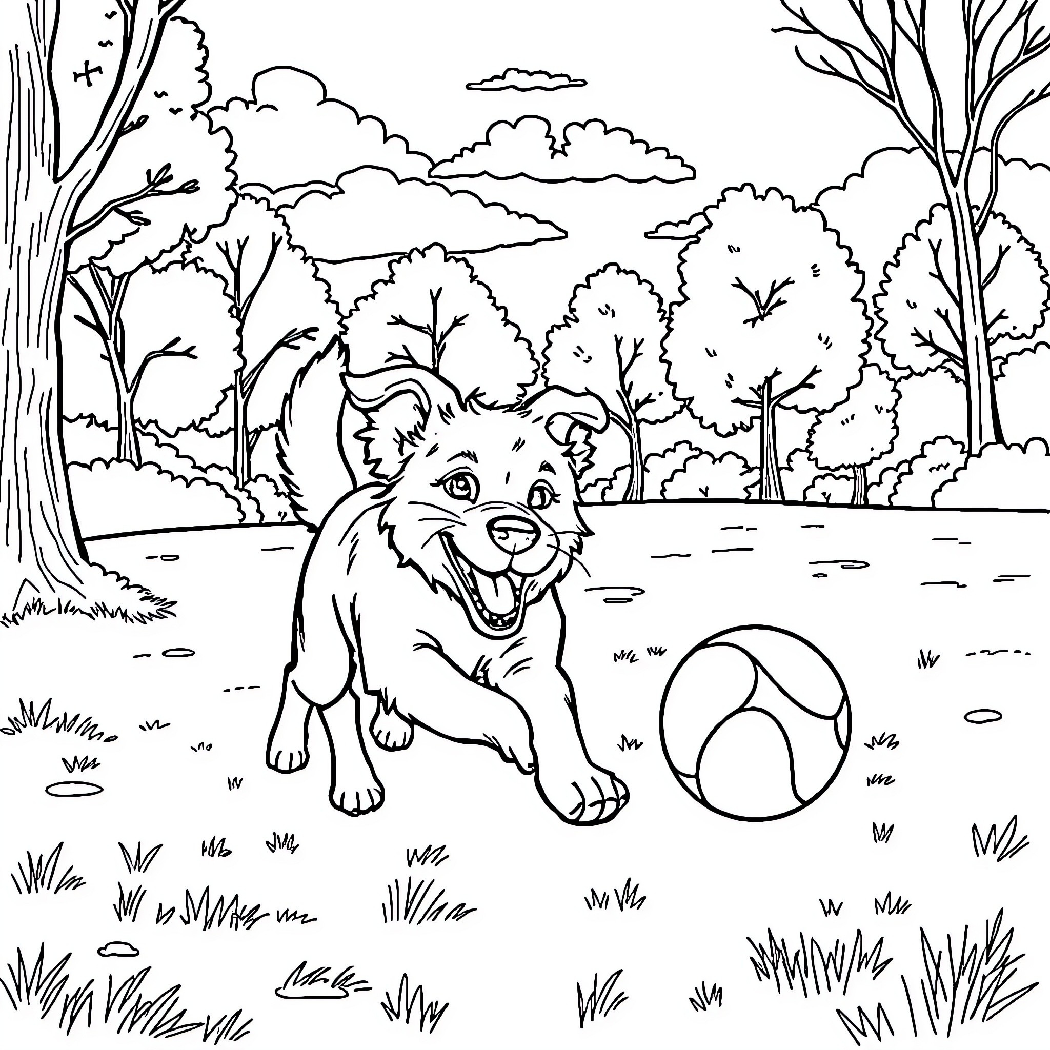 Dog playing with ball in forest Coloring Page (free black-and-white line drawing printable PDF for all, from beginners to advanced learners, including children, teens, adults, and seniors)