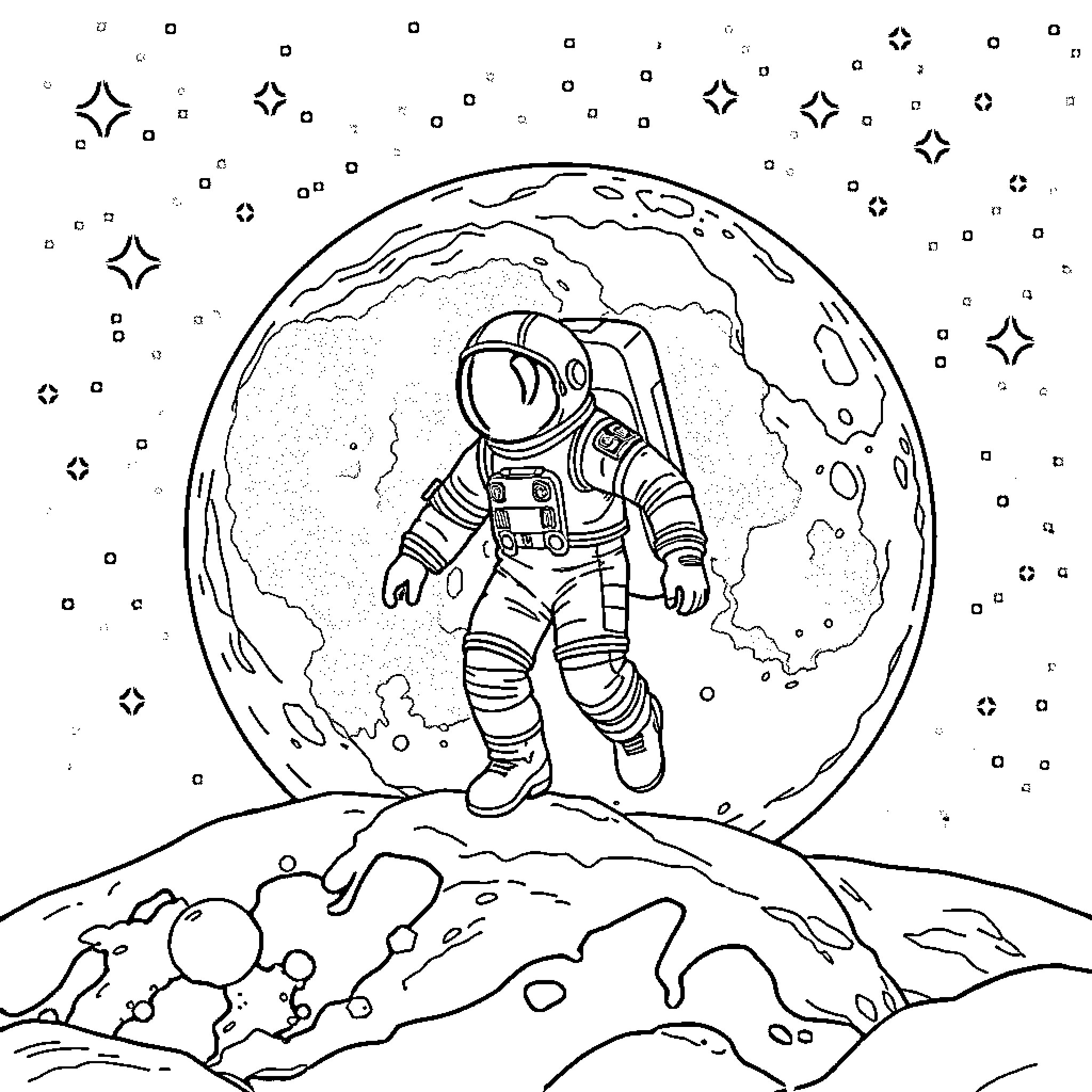 Astronaut exploring the moon's surface Coloring Page (free black-and-white line drawing printable PDF for all, from beginners to advanced learners, including children, teens, adults, and seniors)