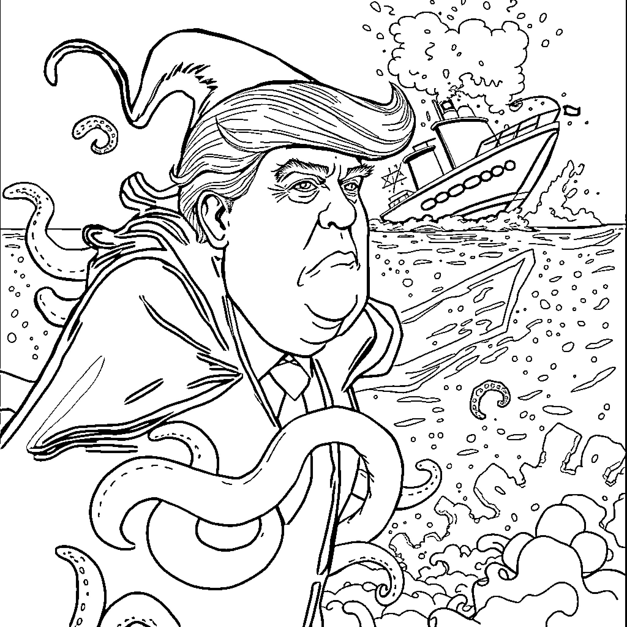 Ursula's Dramatic Encounter with Turbulent Seas Coloring Page (free black-and-white line drawing printable PDF for all, from beginners to advanced learners, including children, teens, adults, and seniors)