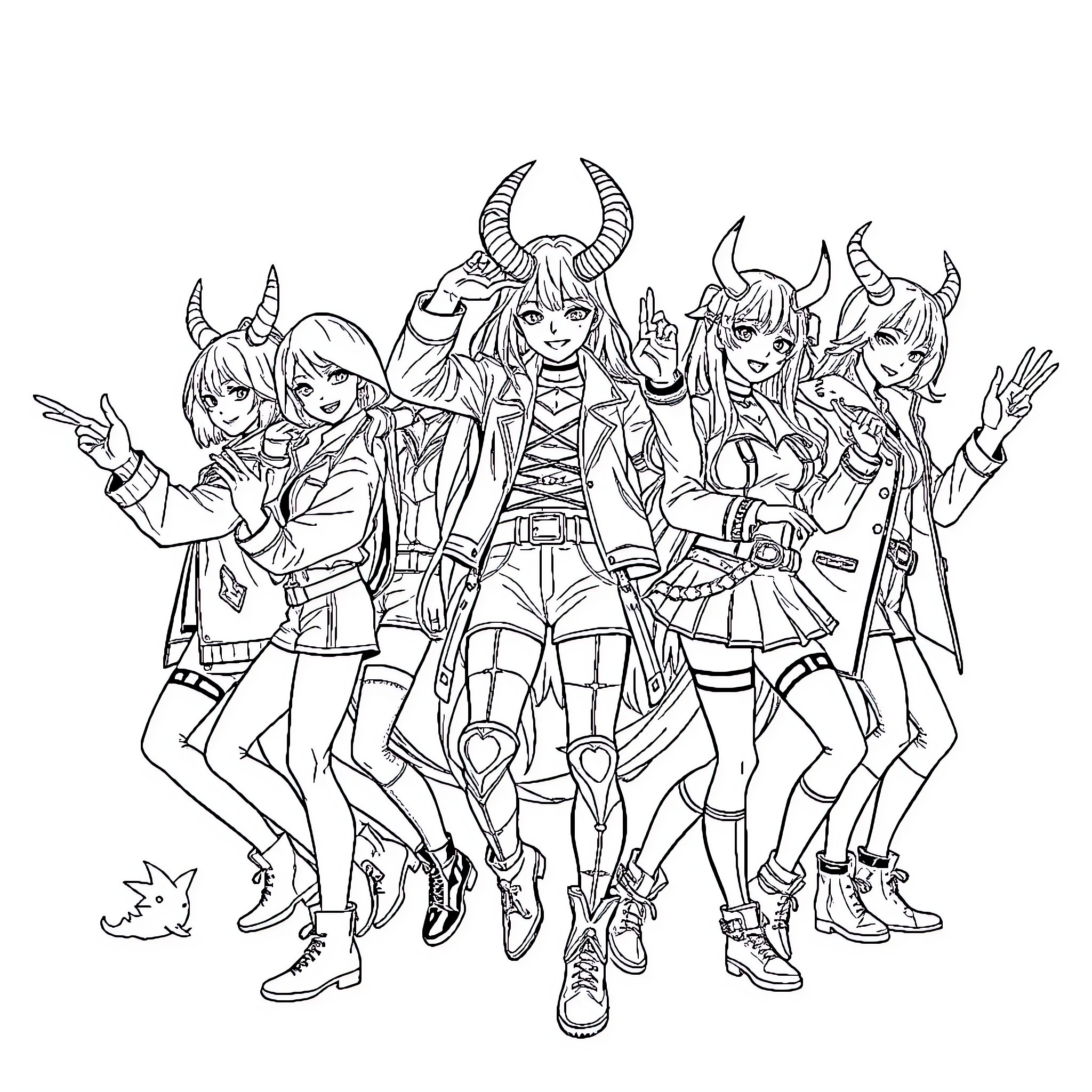 K-POP Demon Hunter Unleashes Fierce Dances with Supernatural Troupe Coloring Page (free black-and-white line drawing printable PDF for all, from beginners to advanced learners, including children, teens, adults, and seniors)