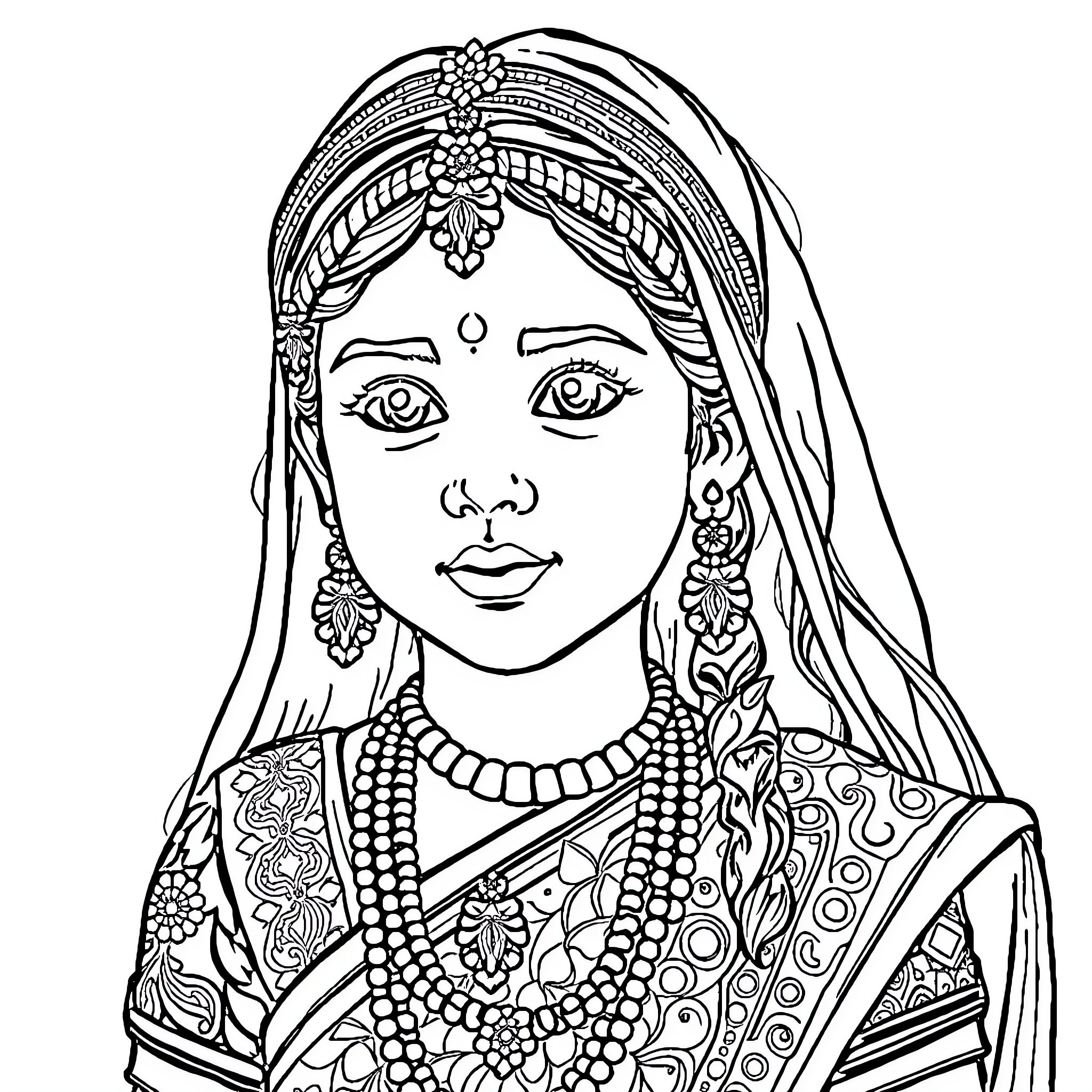 Indian Girl in Ornate Traditional Attire Coloring Page (free black-and-white line drawing printable PDF for all, from beginners to advanced learners, including children, teens, adults, and seniors)