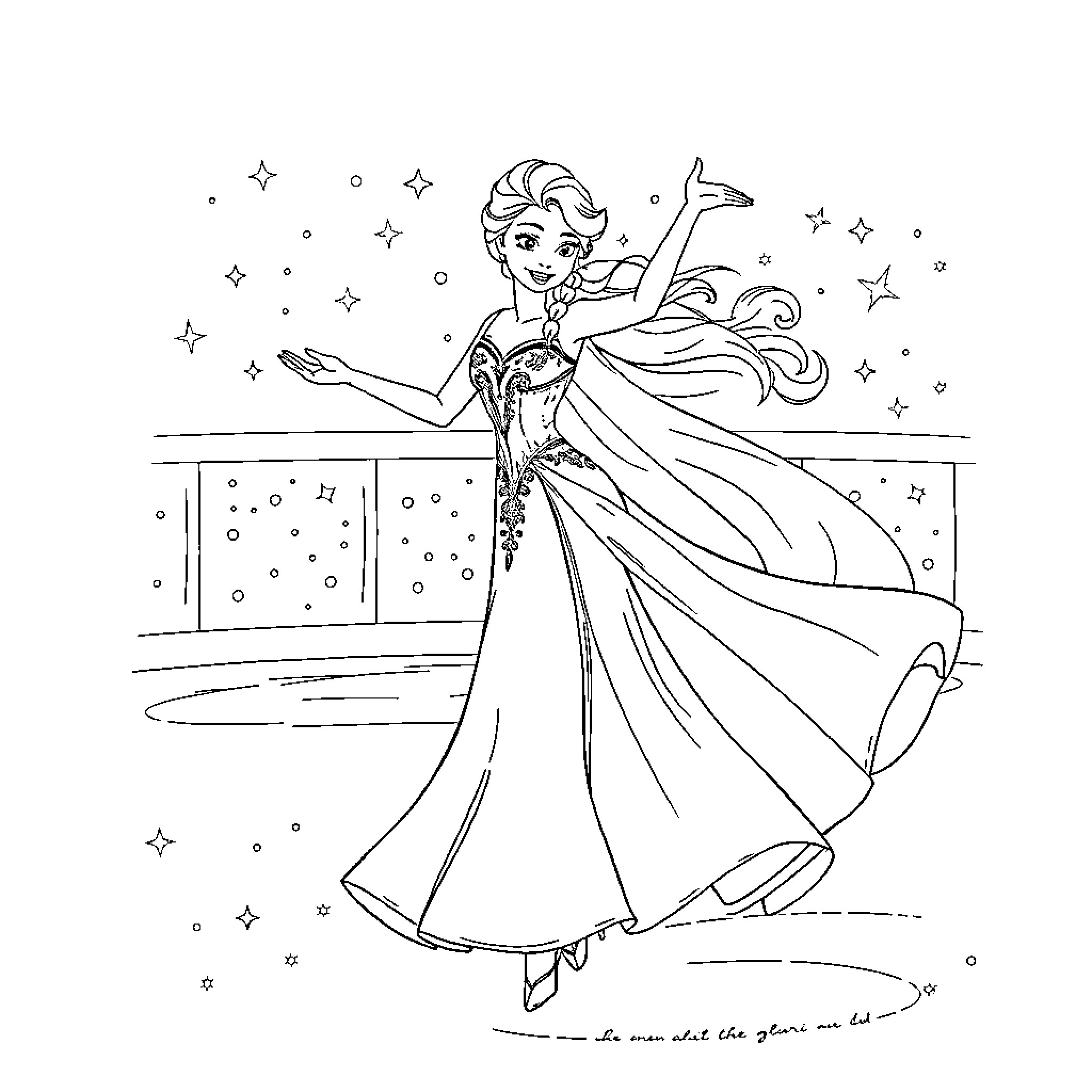 Elsa's Magical Dance Under the Starry Night Coloring Page (free black-and-white line drawing printable PDF for all, from beginners to advanced learners, including children, teens, adults, and seniors)