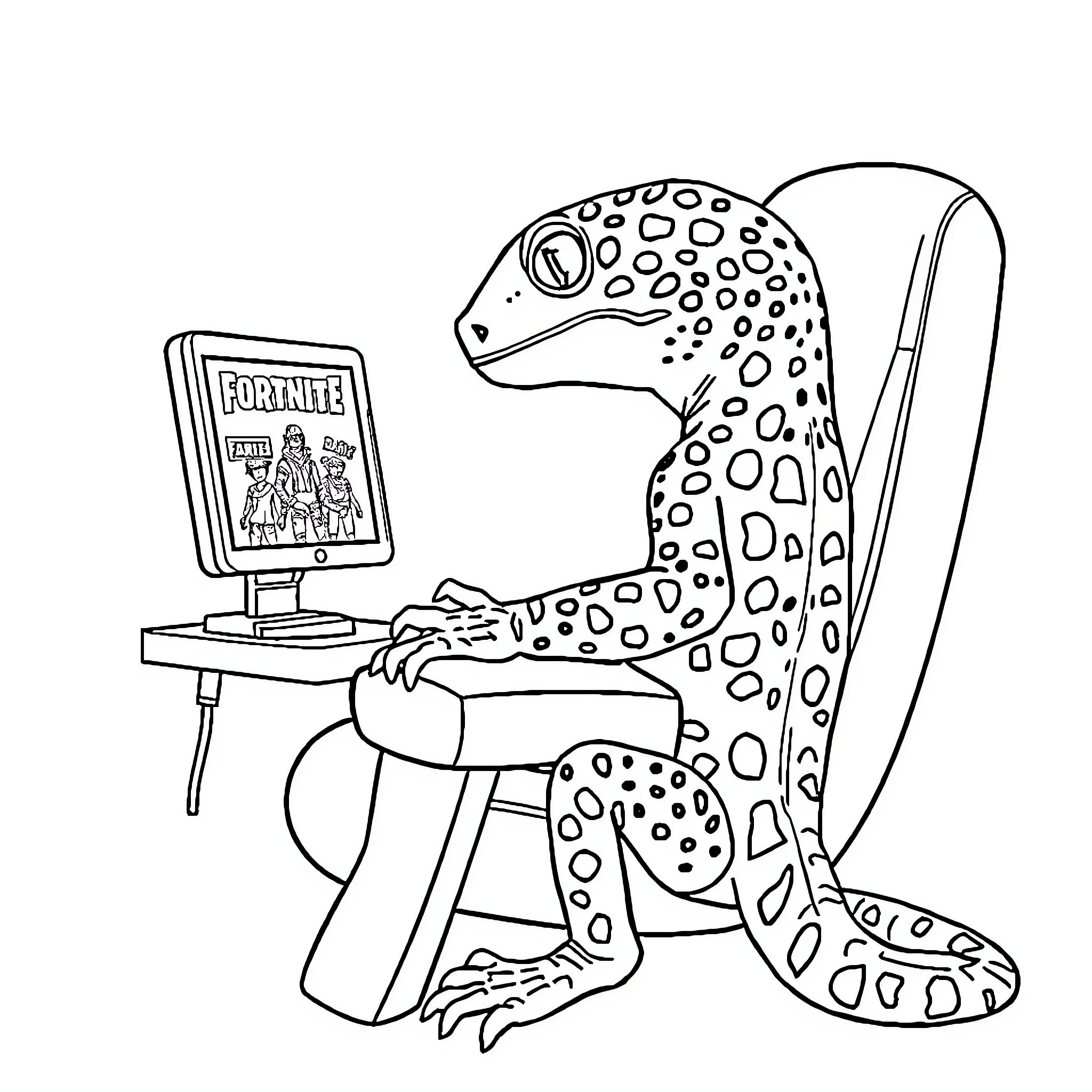 Leopard Gecko Playing Video Game Coloring Page (free black-and-white line drawing printable PDF for all, from beginners to advanced learners, including children, teens, adults, and seniors)