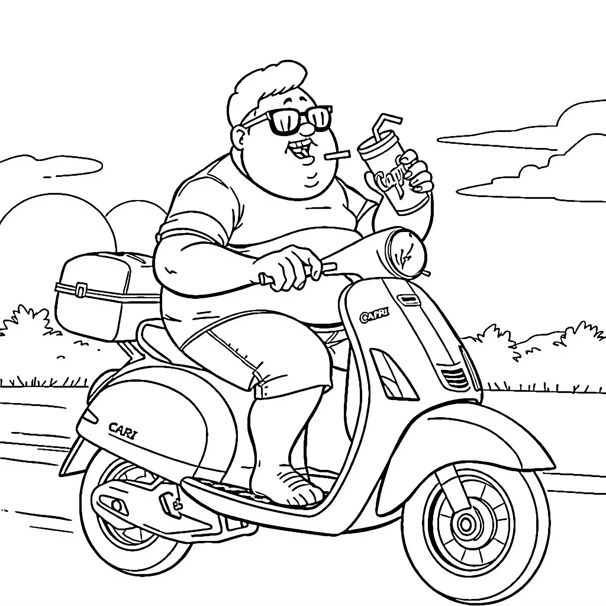 Guy riding scooter and drinking soda Coloring Page (free black-and-white line drawing printable PDF for all, from beginners to advanced learners, including children, teens, adults, and seniors)