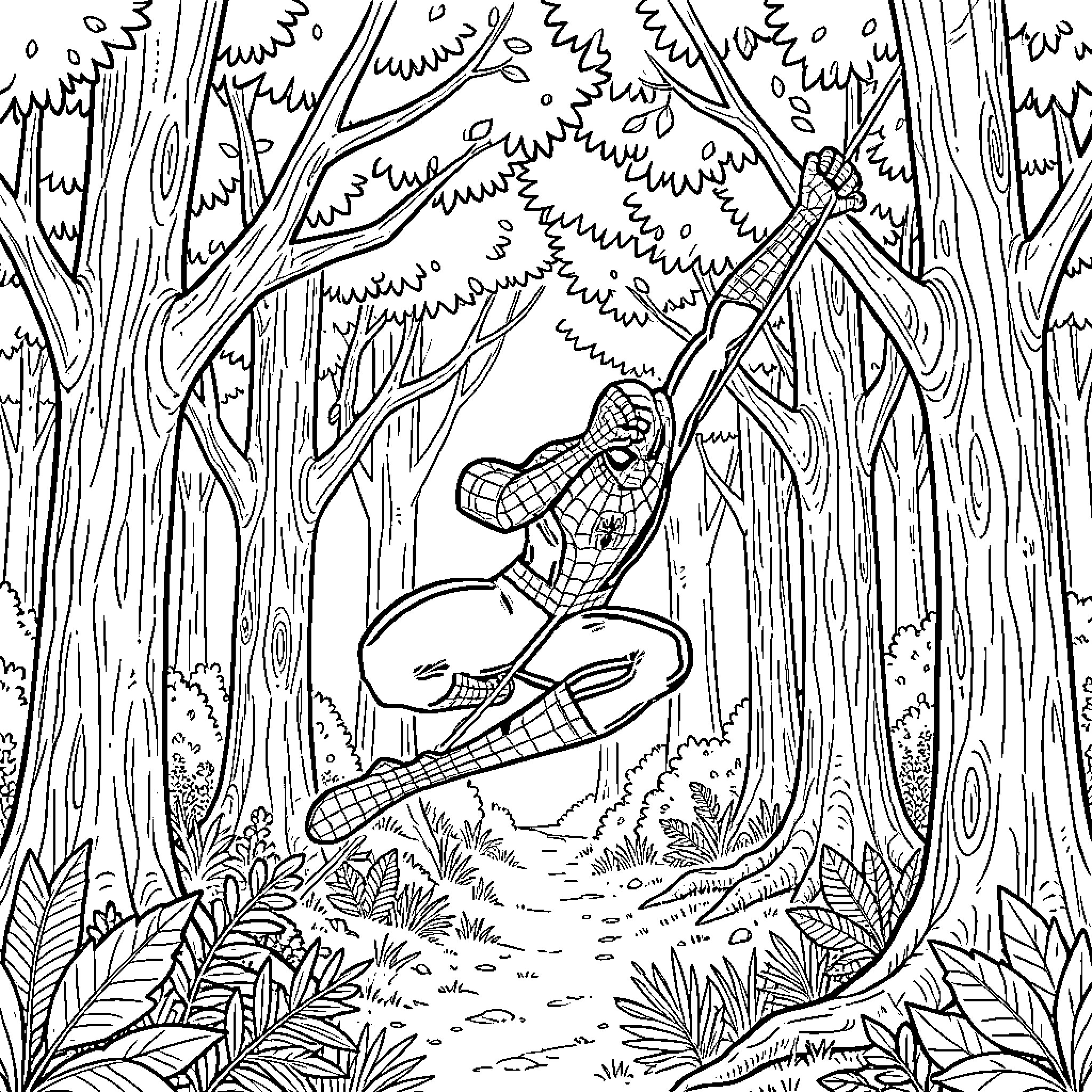 Spiderman swinging through a dense forest Coloring Page (free black-and-white line drawing printable PDF for all, from beginners to advanced learners, including children, teens, adults, and seniors)