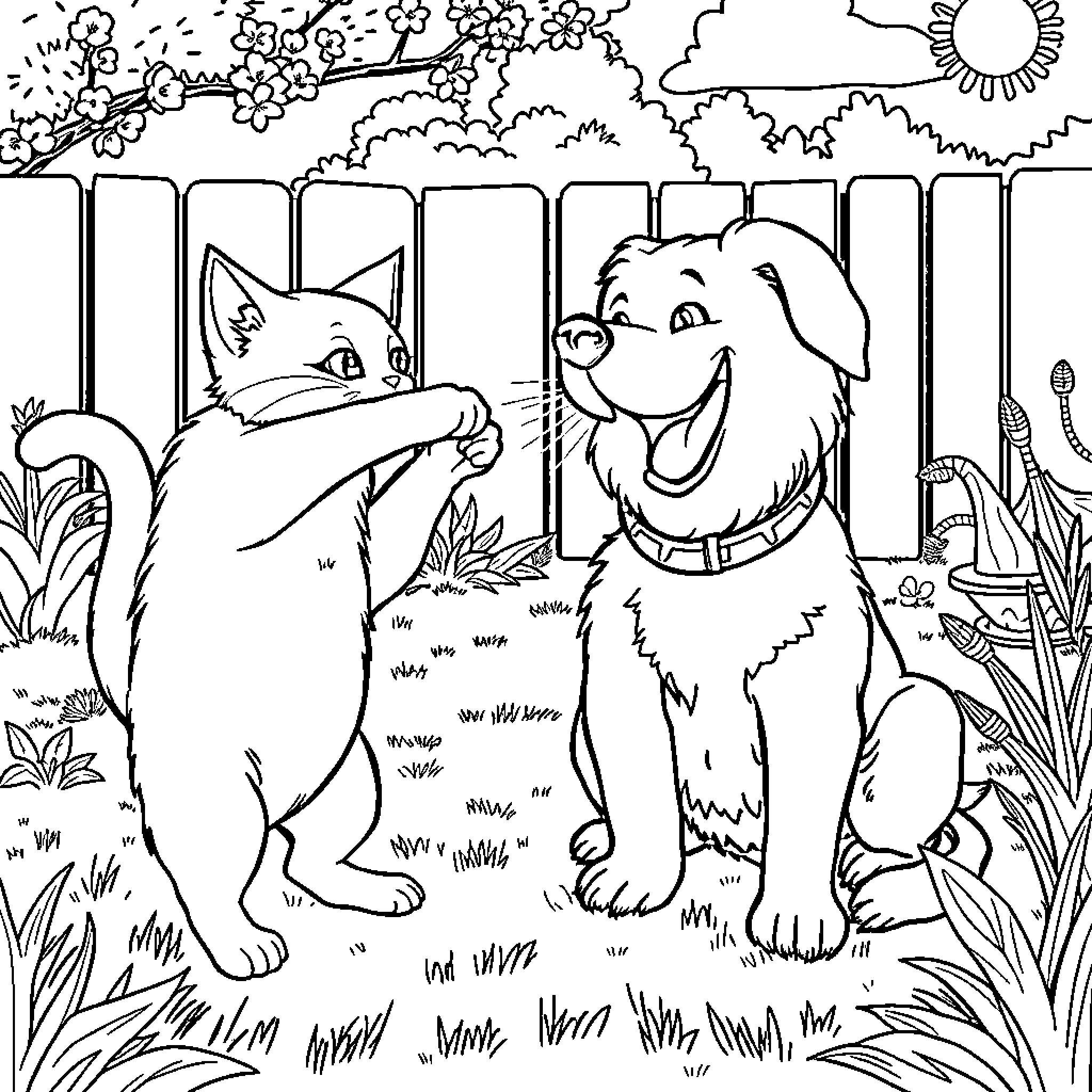Cat and dog playing in the garden Coloring Page (free black-and-white line drawing printable PDF for all, from beginners to advanced learners, including children, teens, adults, and seniors)