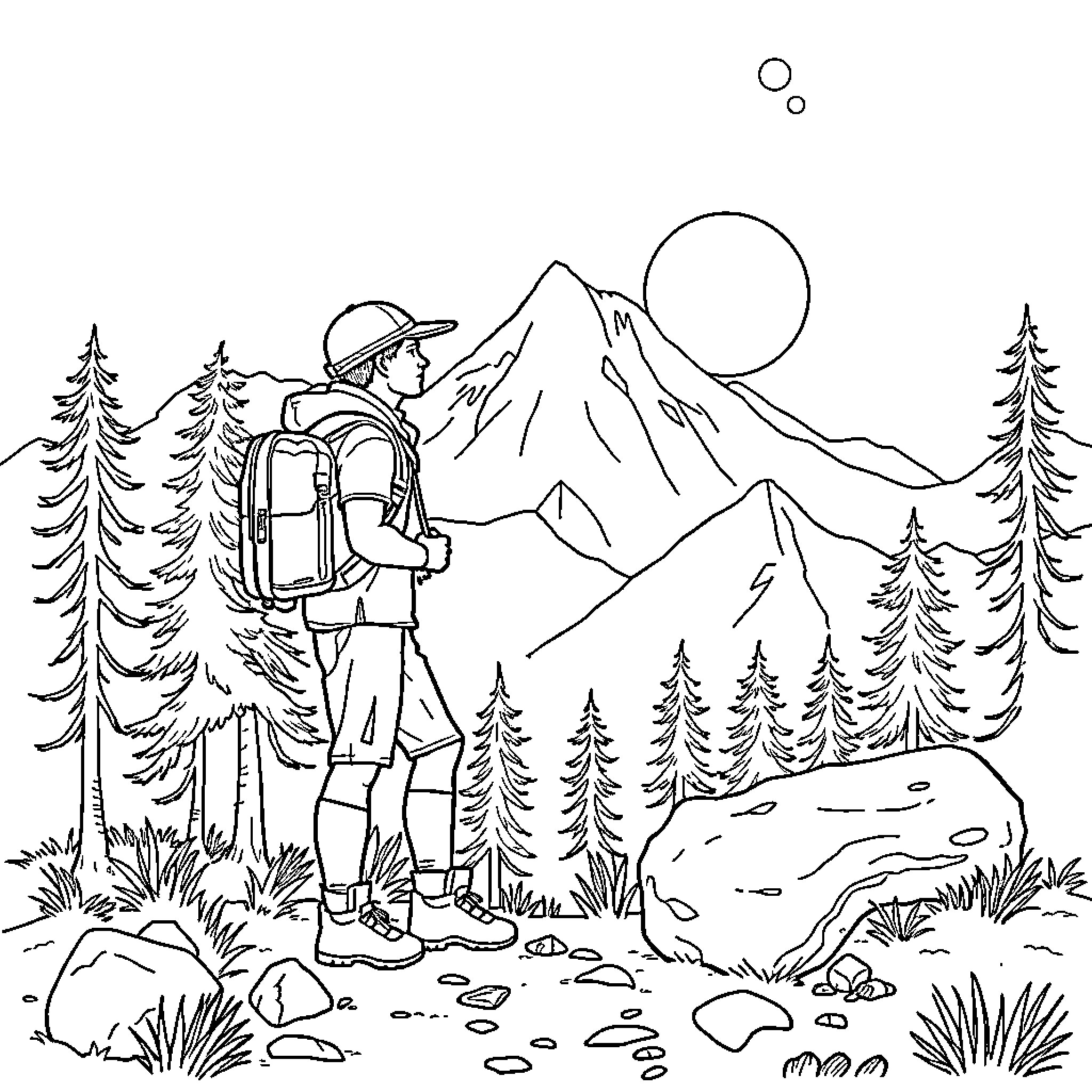 Scout exploring the mountain landscape Coloring Page (free black-and-white line drawing printable PDF for all, from beginners to advanced learners, including children, teens, adults, and seniors)