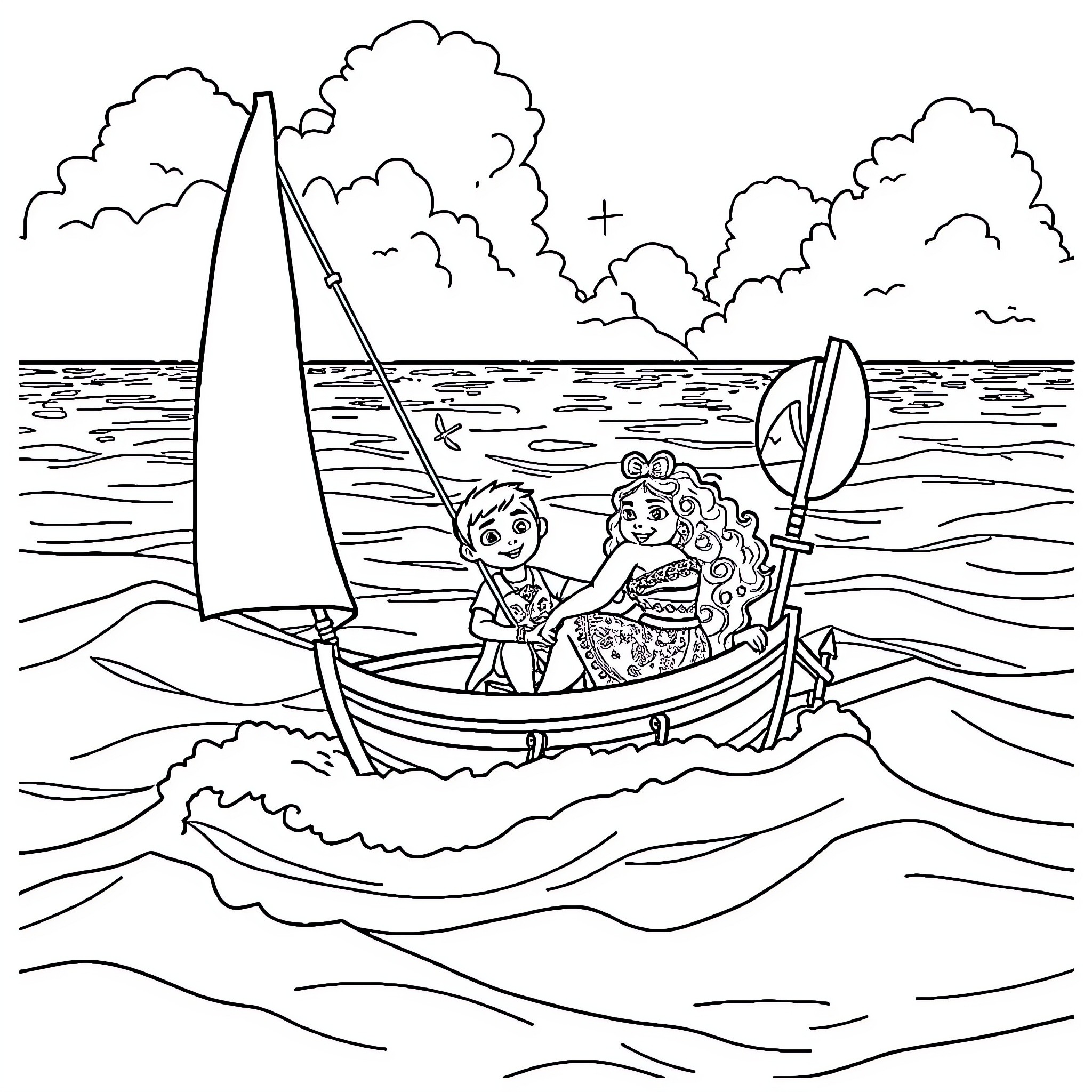 Moana sailing a boat with a companion Coloring Page (free black-and-white line drawing printable PDF for all, from beginners to advanced learners, including children, teens, adults, and seniors)