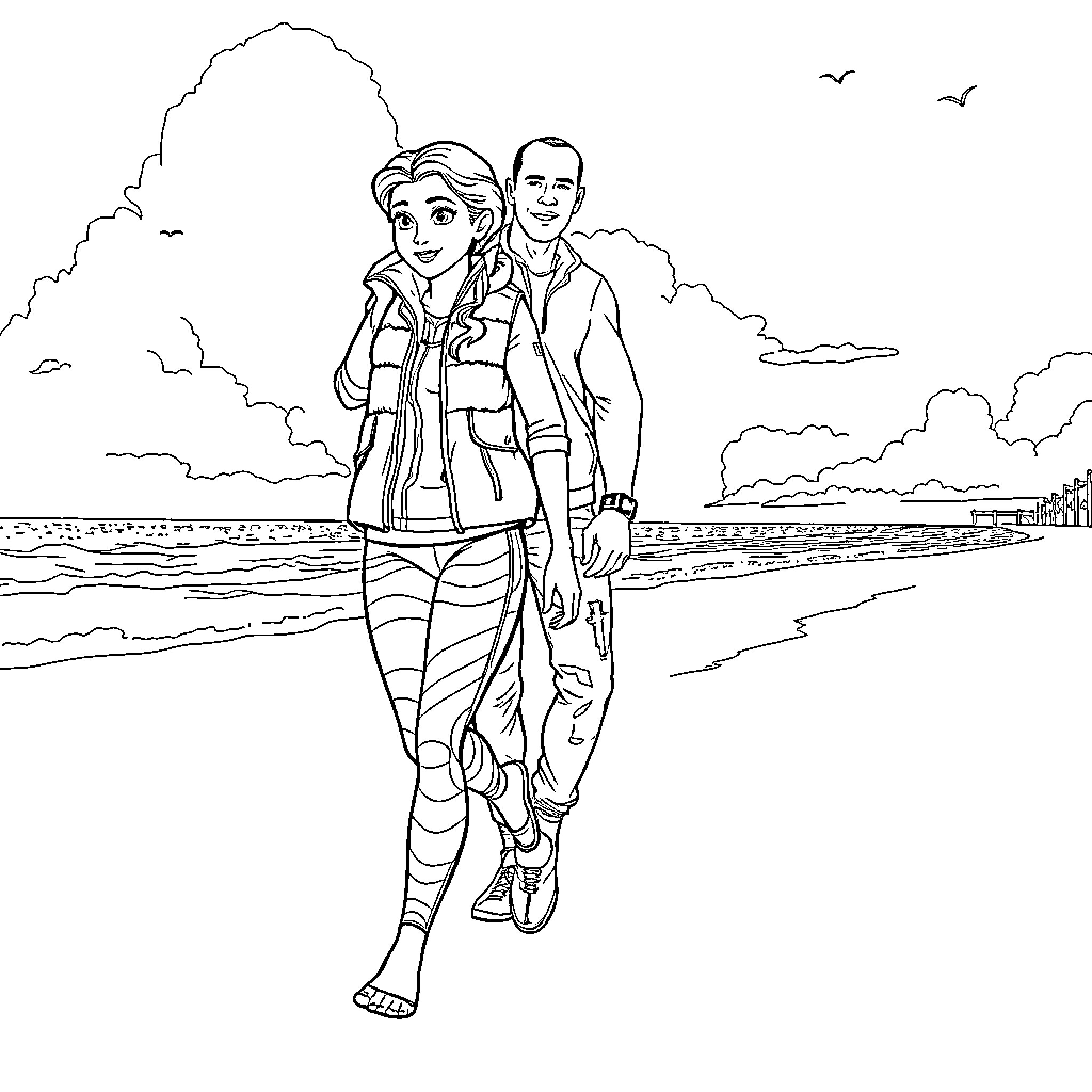 Belle and companion enjoying a walk at the beach Coloring Page (free black-and-white line drawing printable PDF for all, from beginners to advanced learners, including children, teens, adults, and seniors)