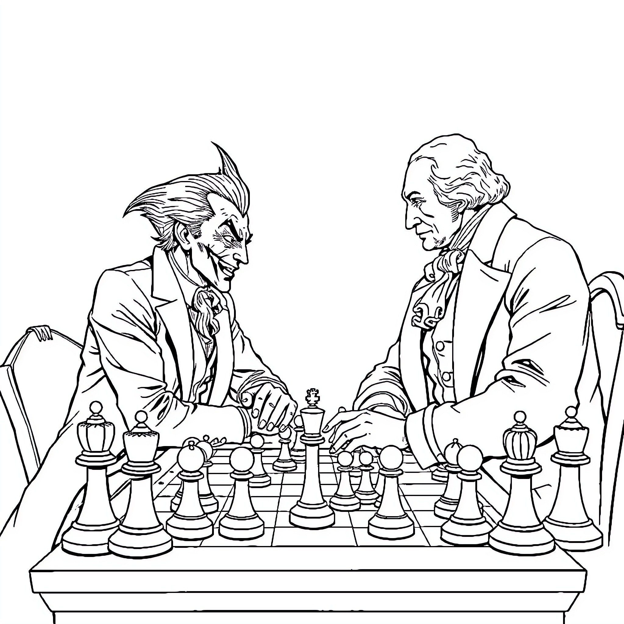Joker playing chess with an older gentleman Coloring Page (free black-and-white line drawing printable PDF for all, from beginners to advanced learners, including children, teens, adults, and seniors)