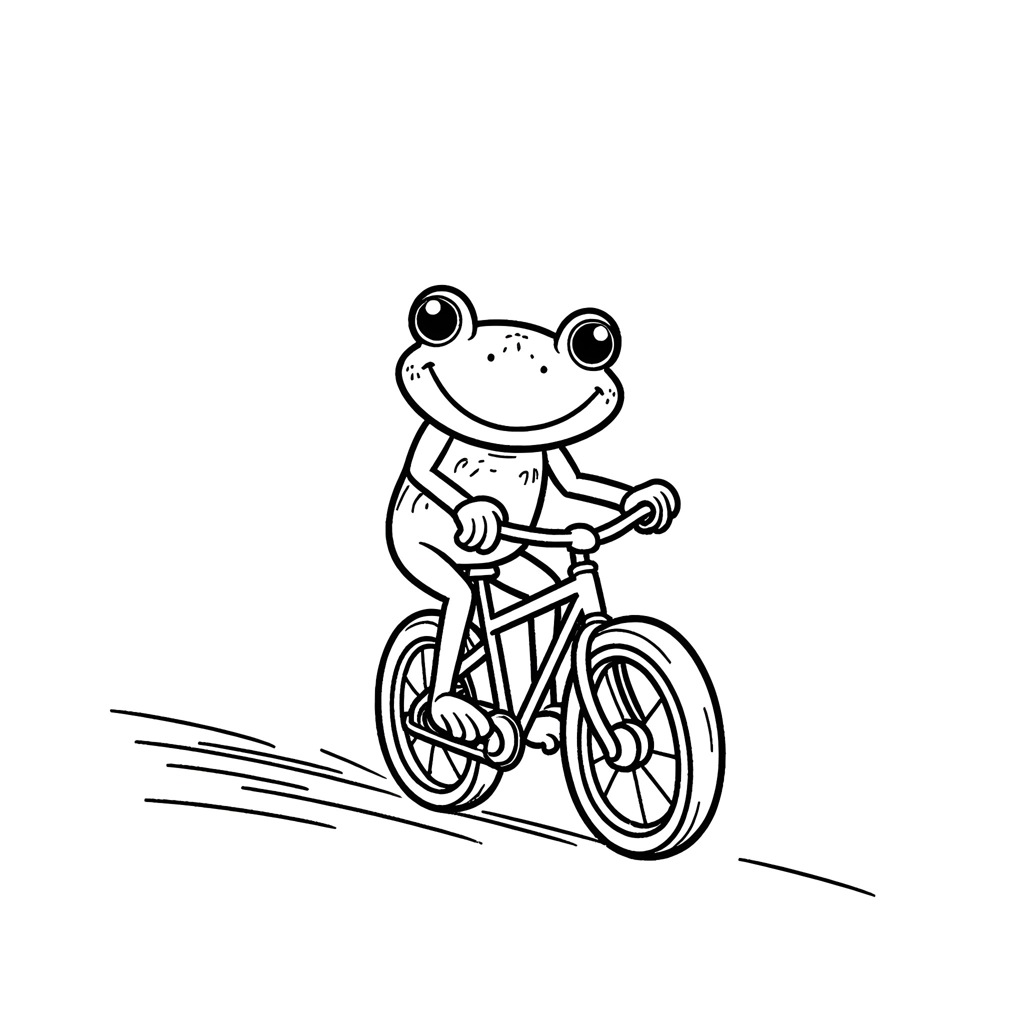 Frog happily riding a bicycle Coloring Page (free black-and-white line drawing printable PDF for all, from beginners to advanced learners, including children, teens, adults, and seniors)