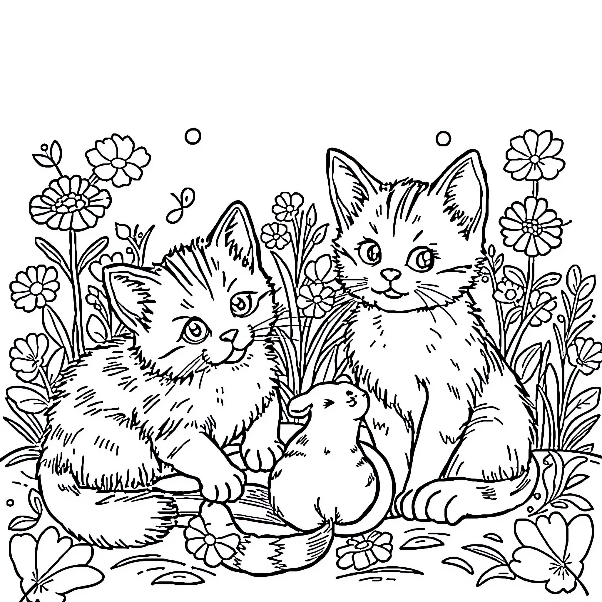Cats Playing Among Floral Blossoms Coloring Page (free black-and-white line drawing printable PDF for all, from beginners to advanced learners, including children, teens, adults, and seniors)