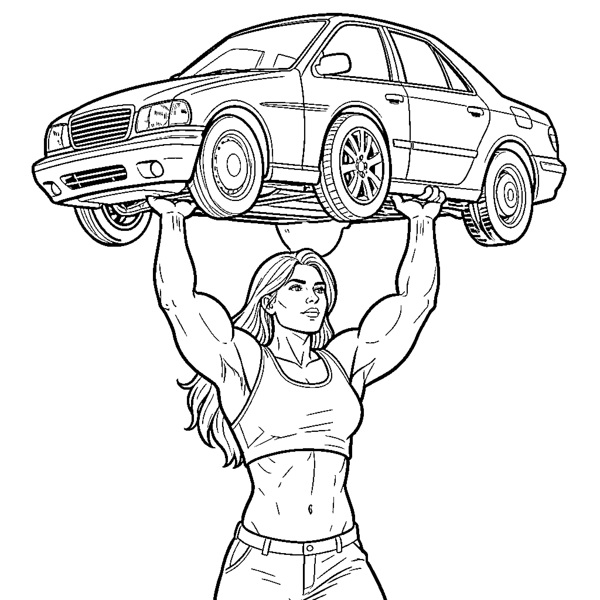 Mother lifting a heavy car above her head Coloring Page (free black-and-white line drawing printable PDF for all, from beginners to advanced learners, including children, teens, adults, and seniors)