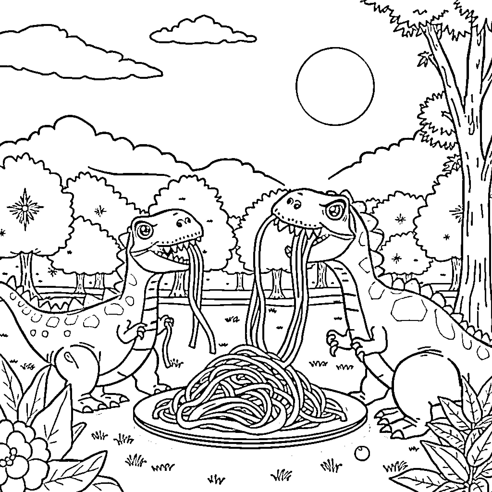 Dinosaurs Enjoying a Spaghetti Feast in the Forest Coloring Page (free black-and-white line drawing printable PDF for all, from beginners to advanced learners, including children, teens, adults, and seniors)