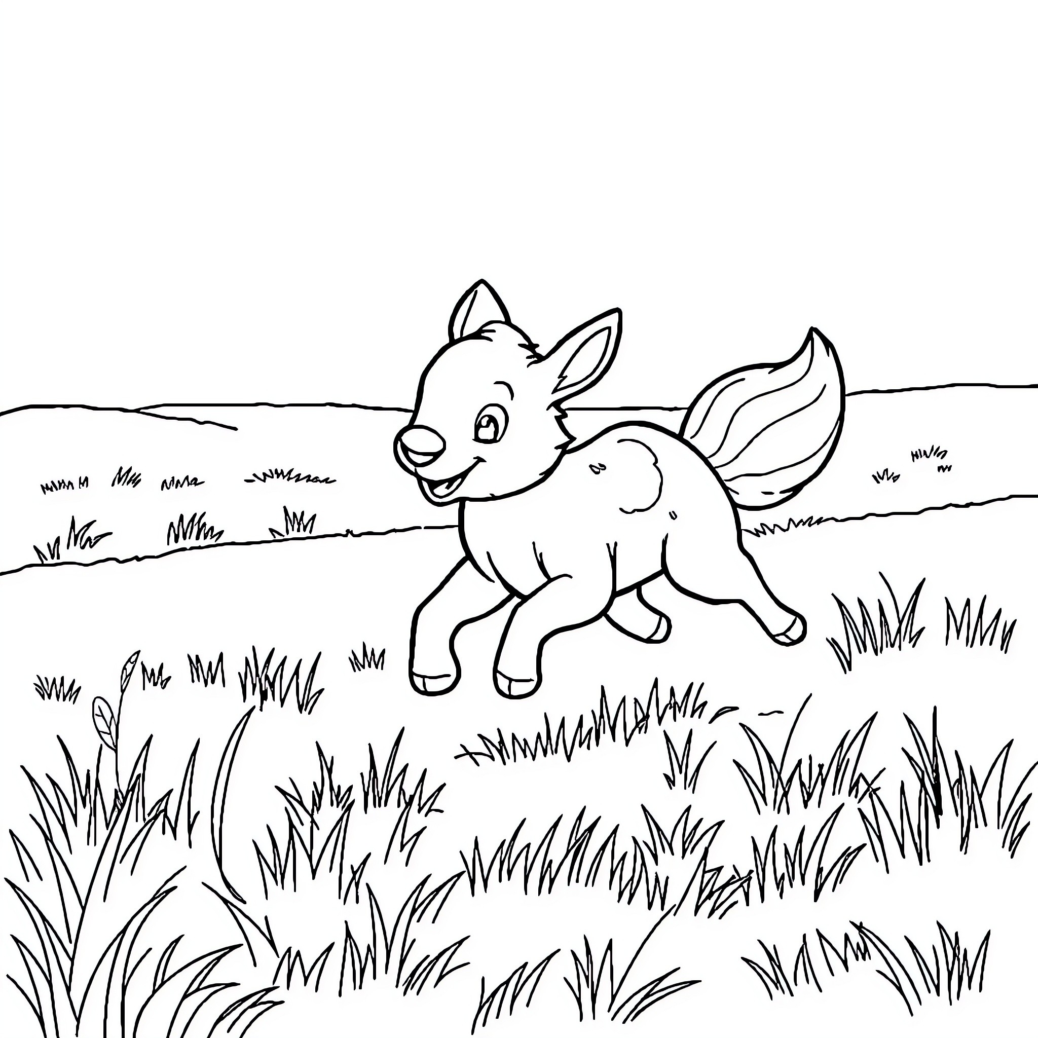 Animal running happily through the meadow Coloring Page (free black-and-white line drawing printable PDF for all, from beginners to advanced learners, including children, teens, adults, and seniors)