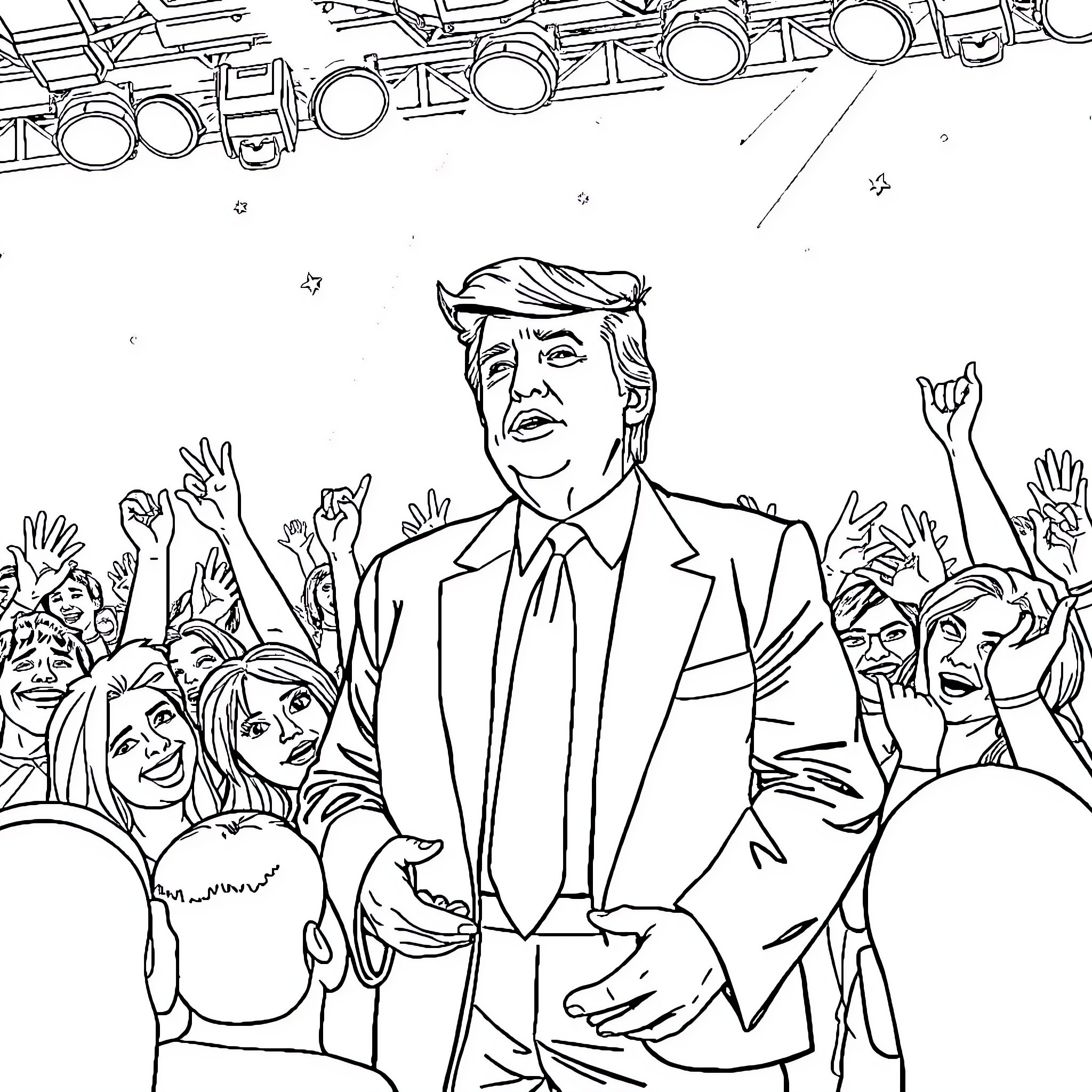 Donald Trump addressing a cheering crowd Coloring Page (free black-and-white line drawing printable PDF for all, from beginners to advanced learners, including children, teens, adults, and seniors)