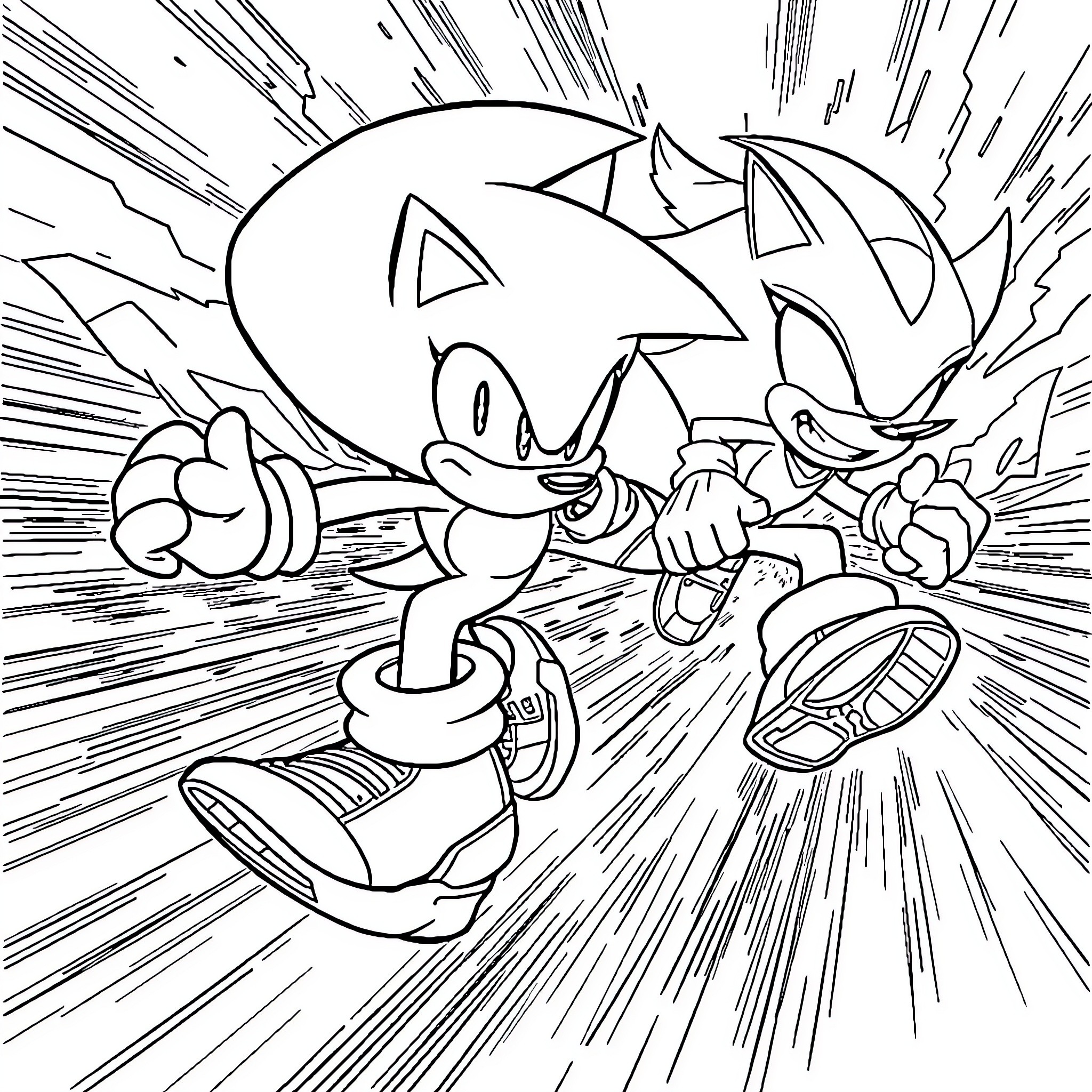 Sonic and Tails Dashing Through Burst of Speed Coloring Page (free black-and-white line drawing printable PDF for all, from beginners to advanced learners, including children, teens, adults, and seniors)