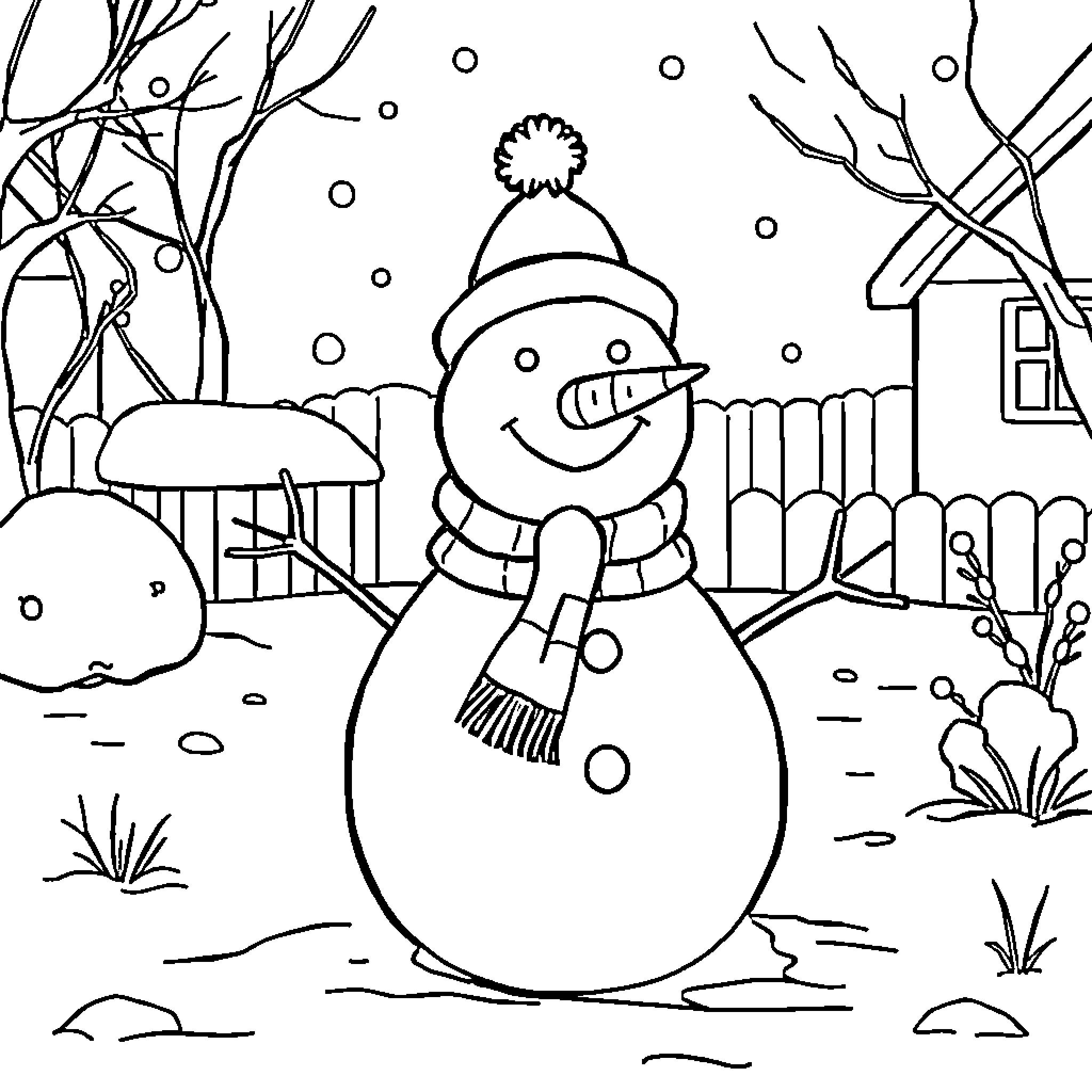 Snowman enjoying a snowy winter day Coloring Page (free black-and-white line drawing printable PDF for all, from beginners to advanced learners, including children, teens, adults, and seniors)